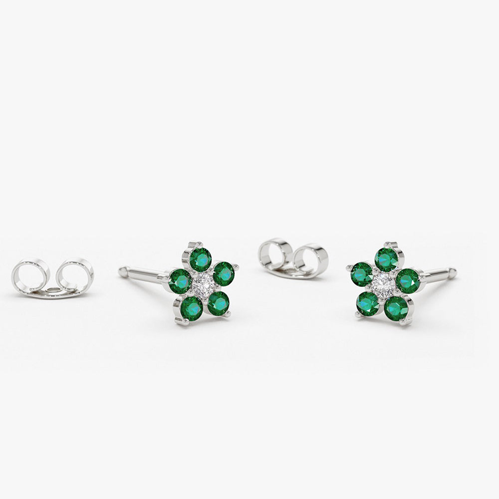 14K Emerald and Diamond Flower Studs - Geum Jewels