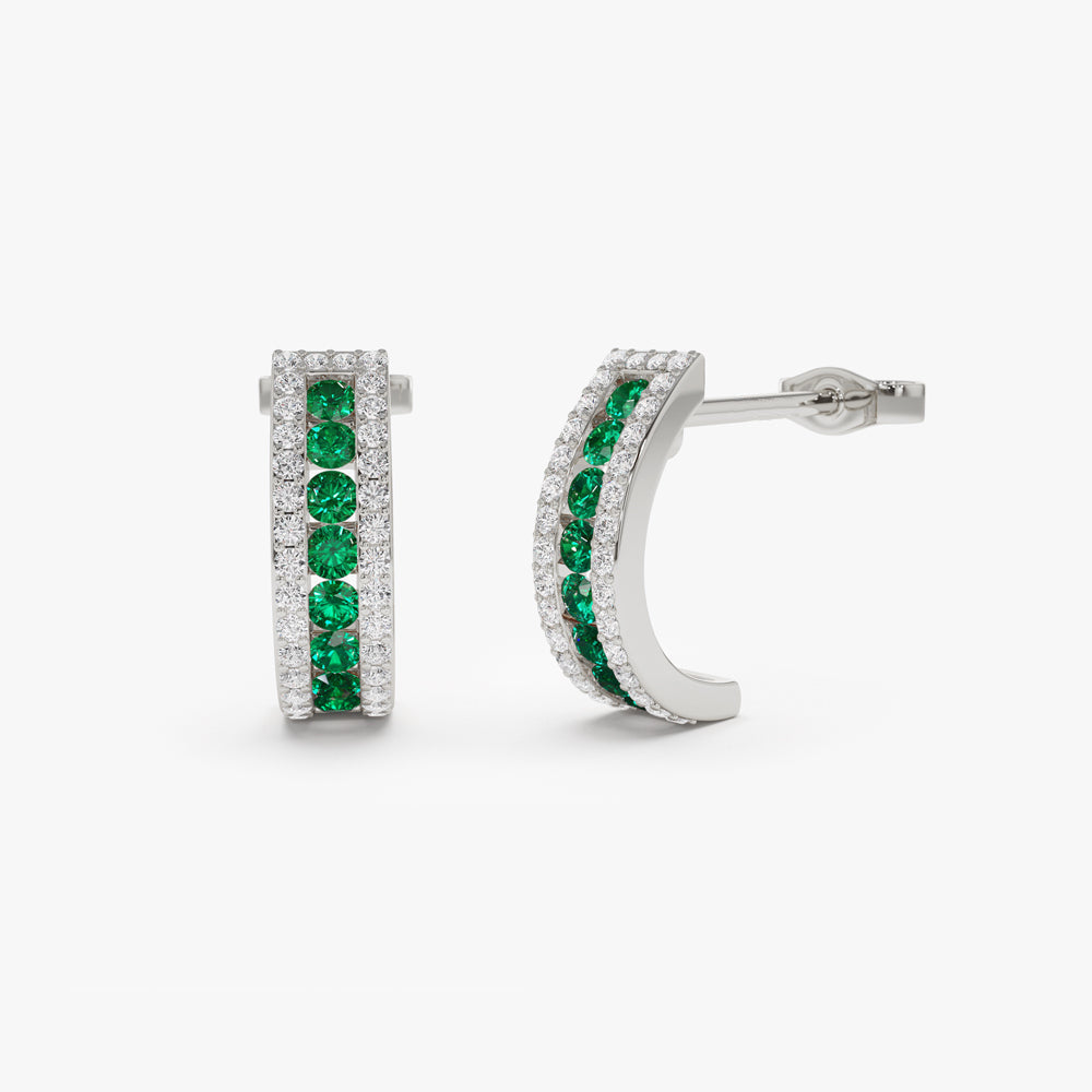 14k Emerald and Round Diamond Hoop Earrings - Geum Jewels