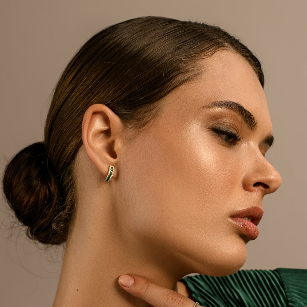 14k Emerald and Round Diamond Hoop Earrings - Geum Jewels