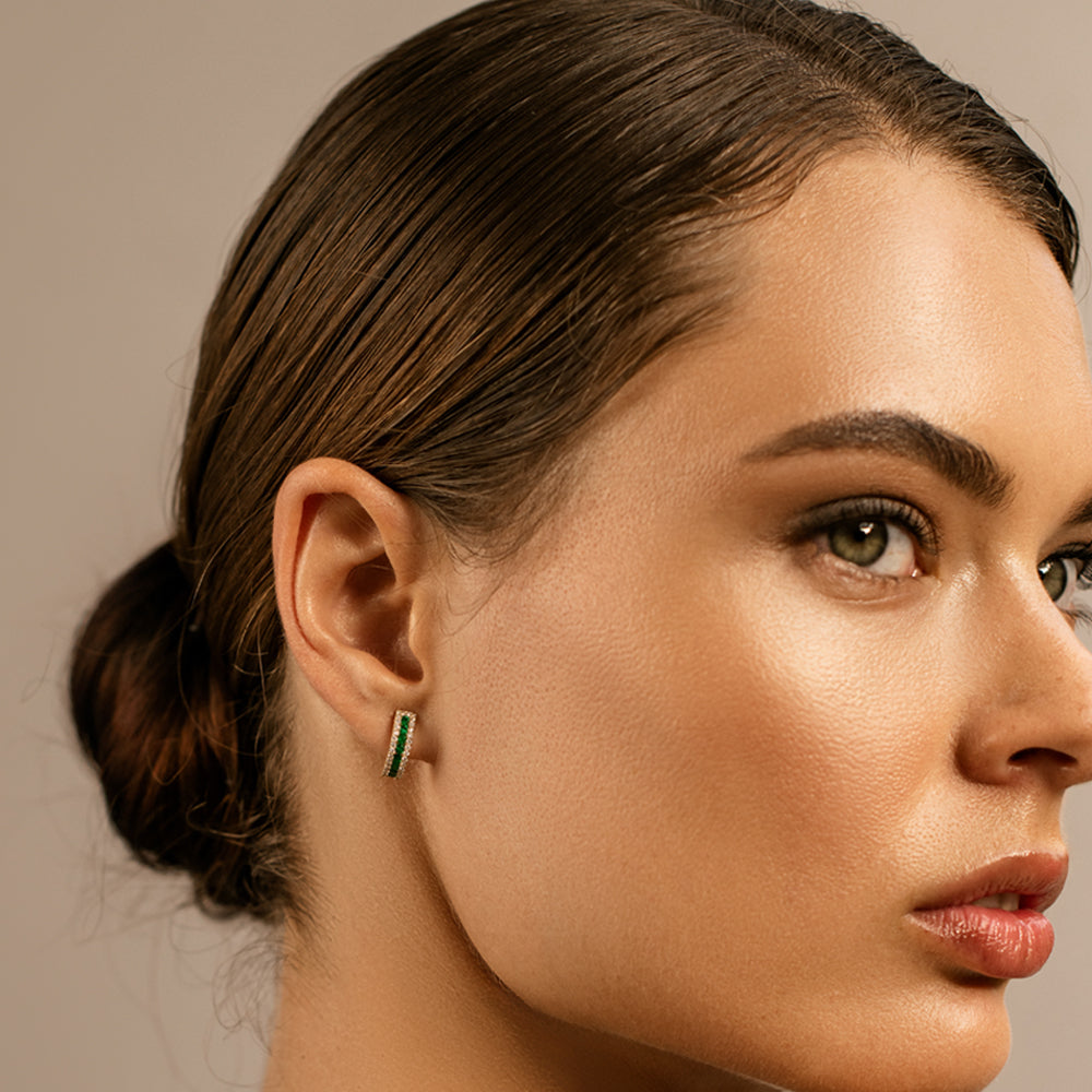 14k Emerald and Round Diamond Hoop Earrings - Geum Jewels