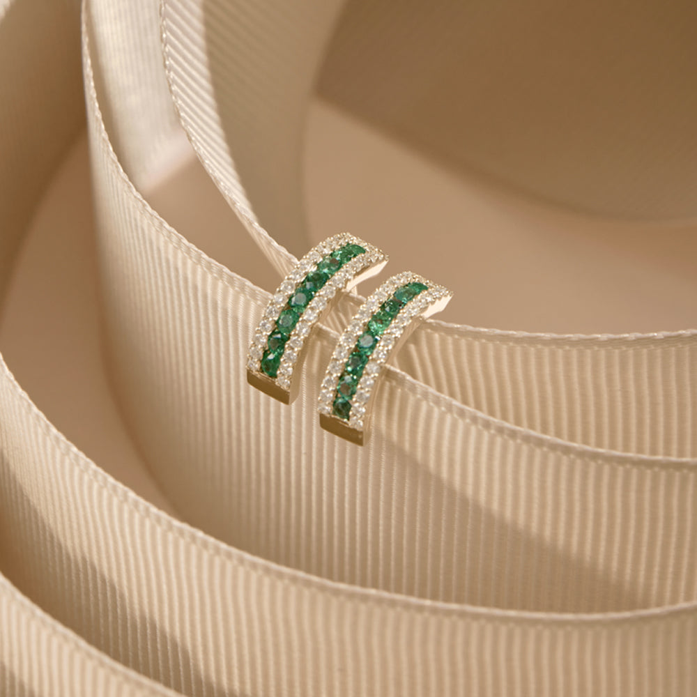 14k Emerald and Round Diamond Hoop Earrings - Geum Jewels