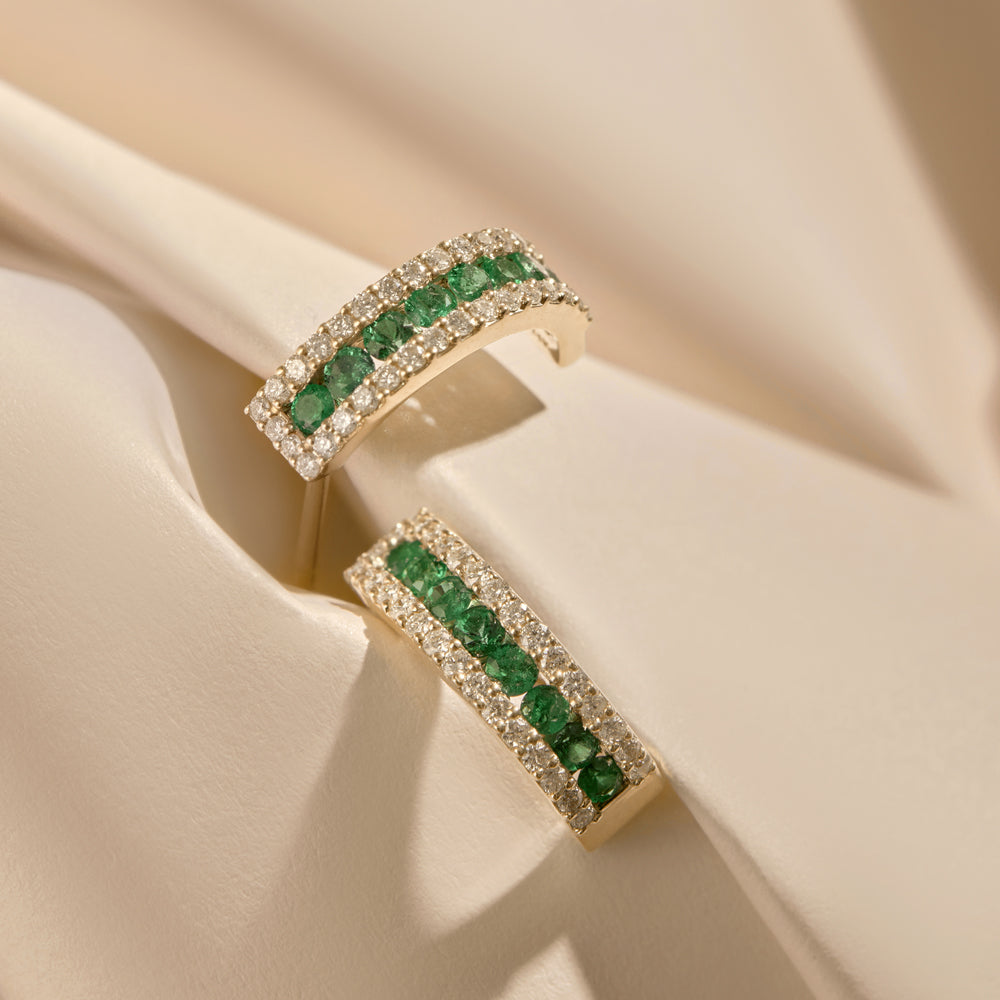 14k Emerald and Round Diamond Hoop Earrings - Geum Jewels