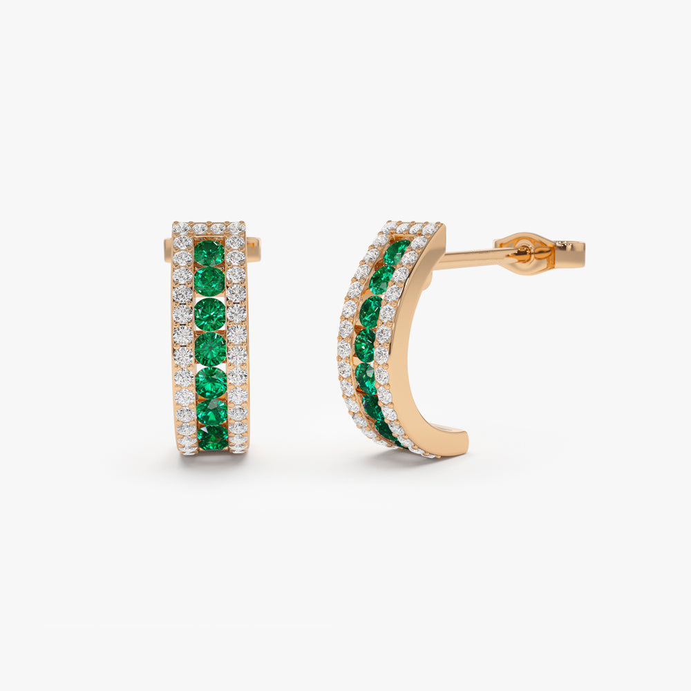 14k Emerald and Round Diamond Hoop Earrings - Geum Jewels