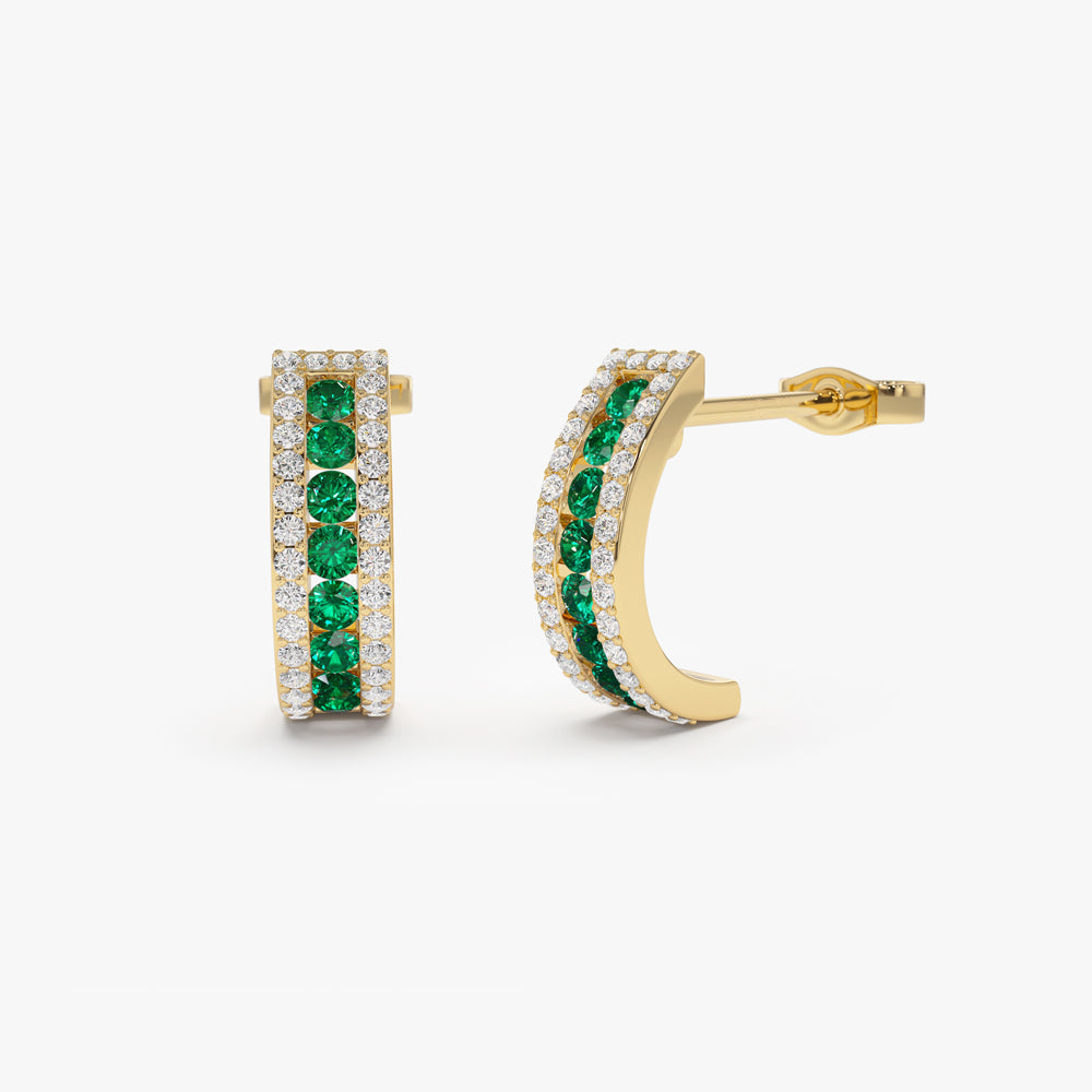 14k Emerald and Round Diamond Hoop Earrings - Geum Jewels