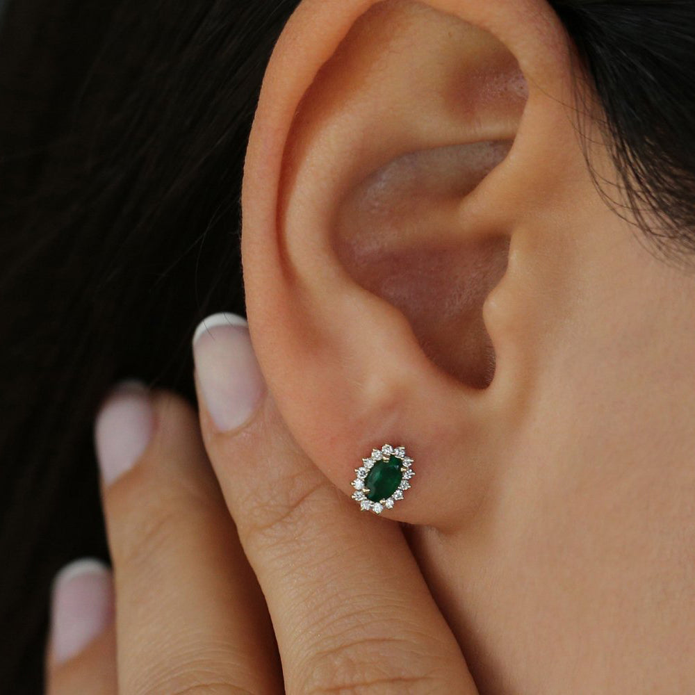 14k Emerald Earrings with Halo Diamonds - Geum Jewels