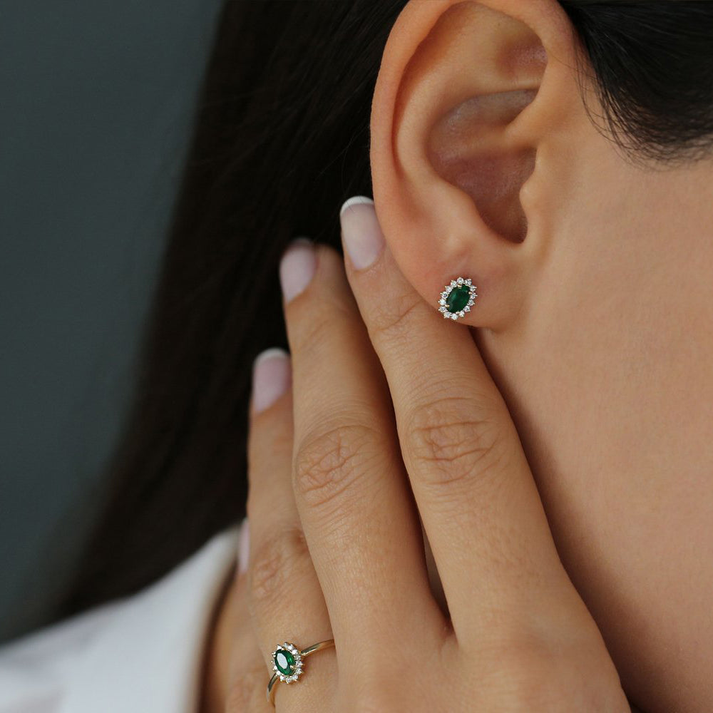 14k Emerald Earrings with Halo Diamonds - Geum Jewels