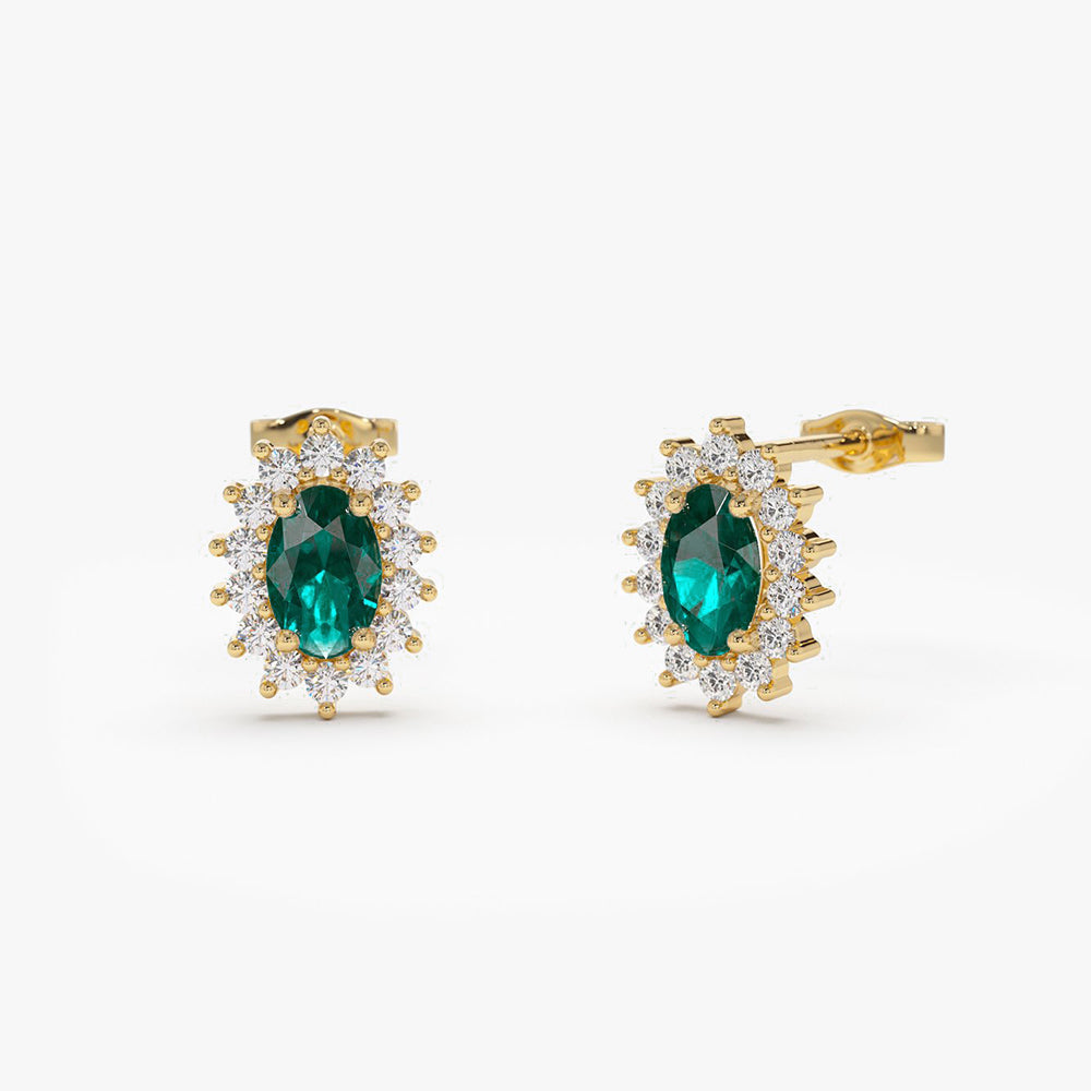 14k Emerald Earrings with Halo Diamonds - Geum Jewels
