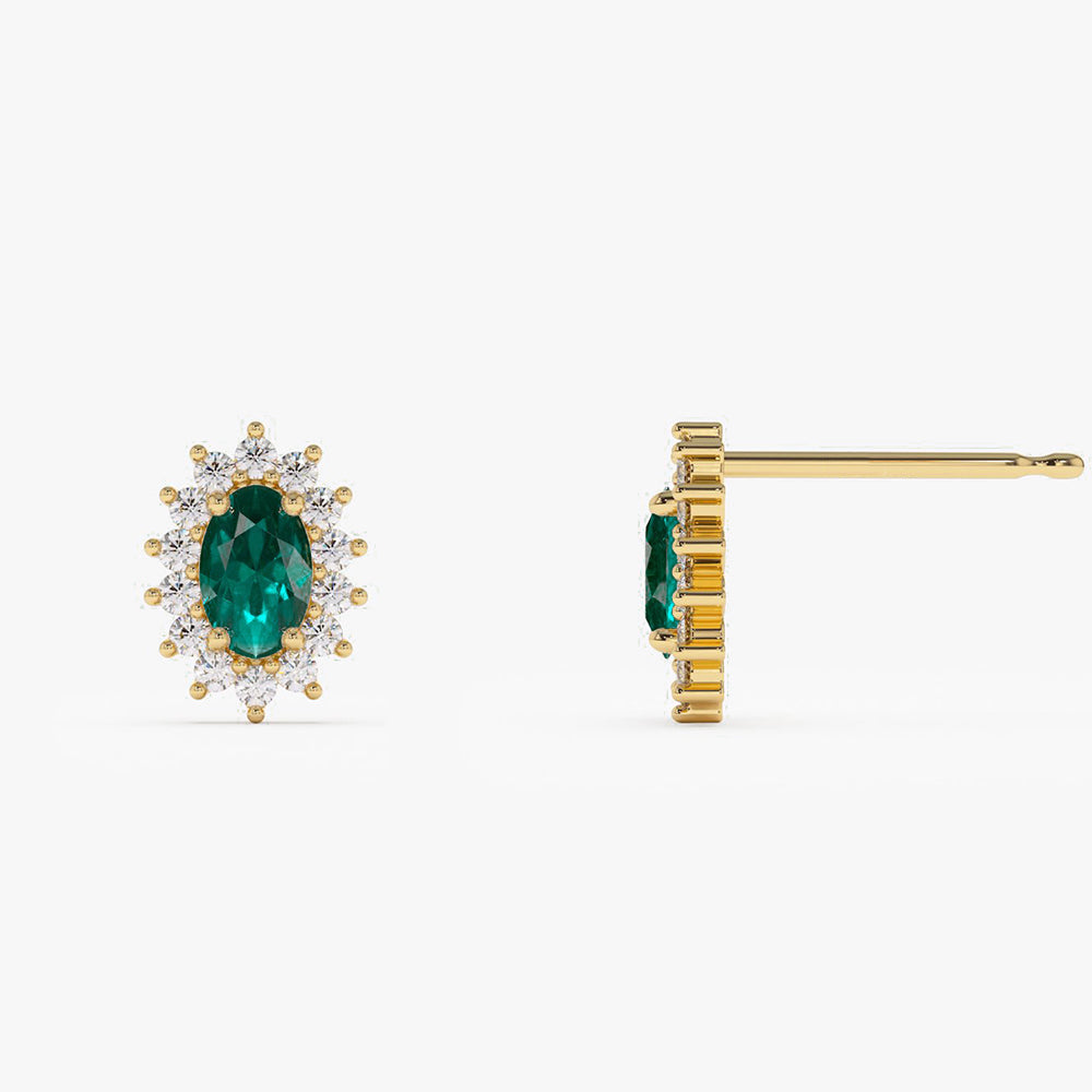 14k Emerald Earrings with Halo Diamonds - Geum Jewels