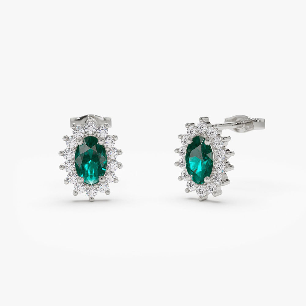 14k Emerald Earrings with Halo Diamonds - Geum Jewels