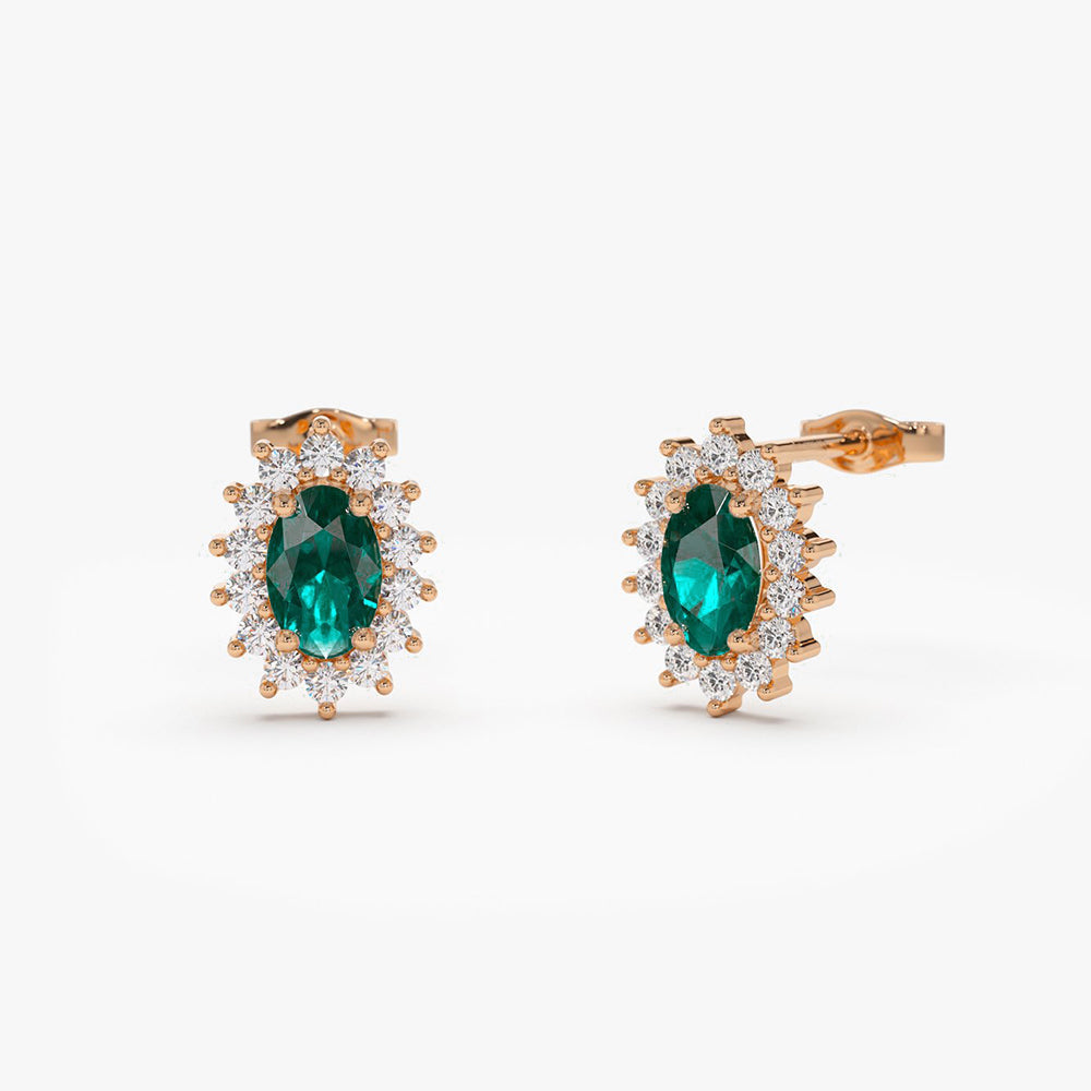 14k Emerald Earrings with Halo Diamonds - Geum Jewels