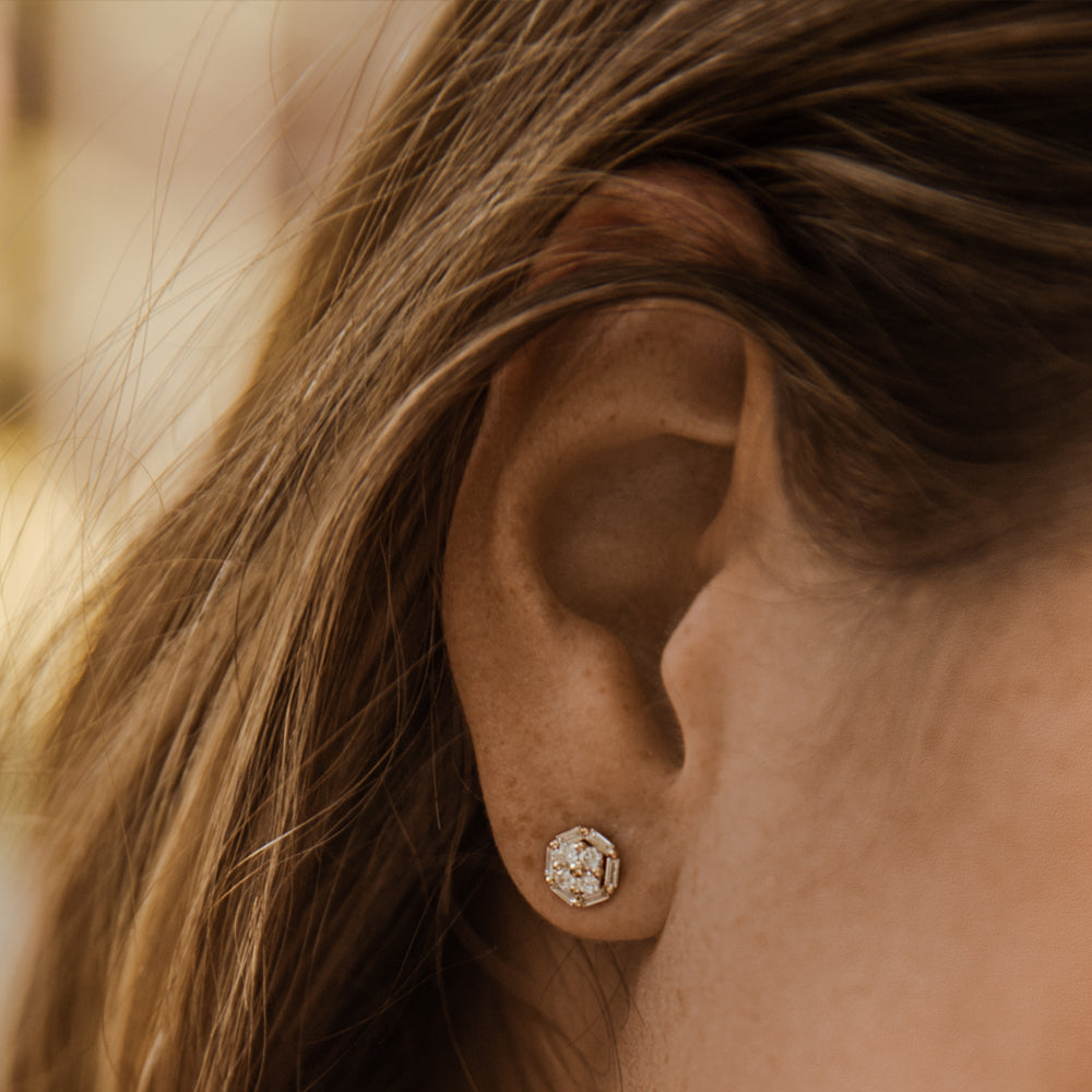 14k Gold Baguette and Round Diamond Cluster Studs - Geum Jewels