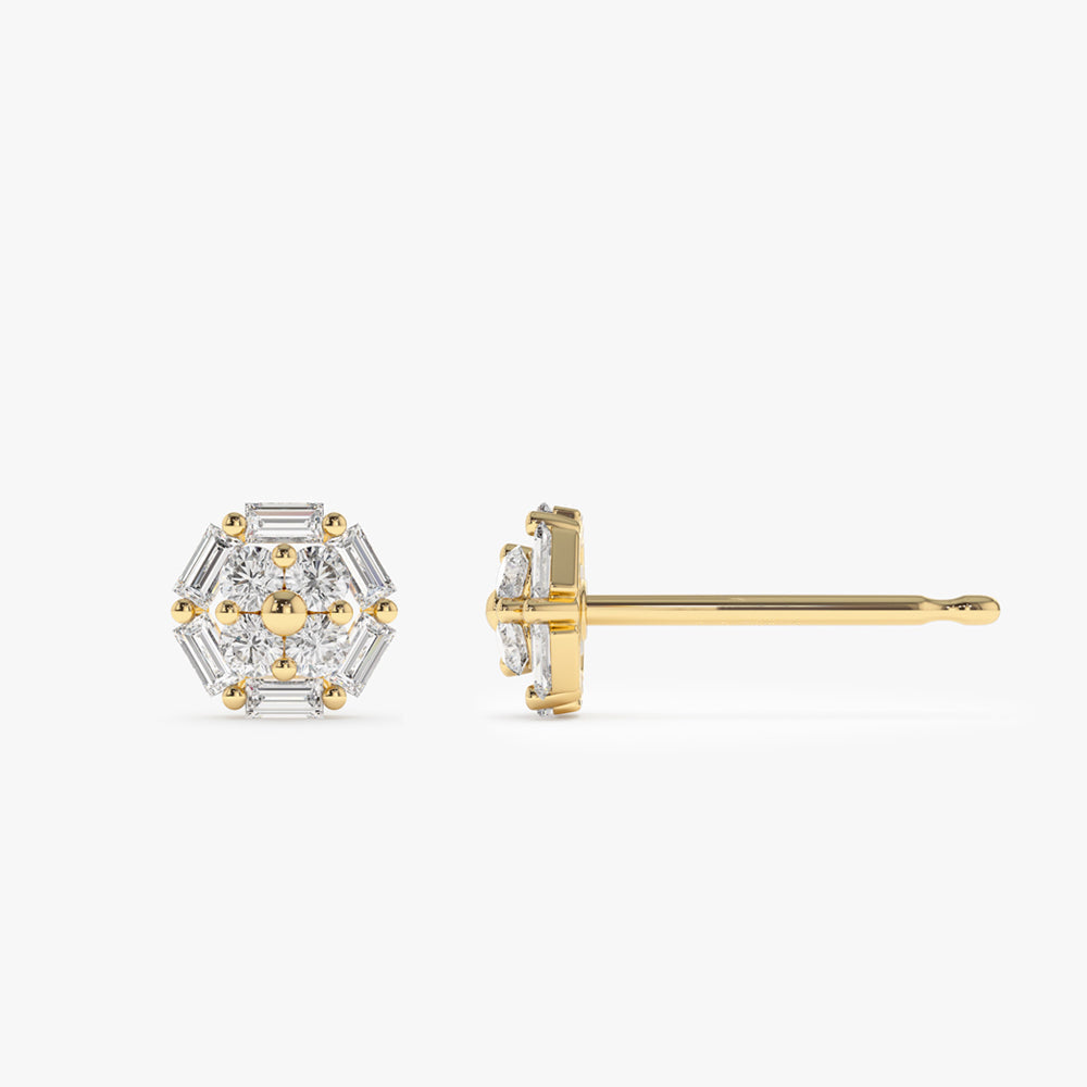 14k Gold Baguette and Round Diamond Cluster Studs - Geum Jewels