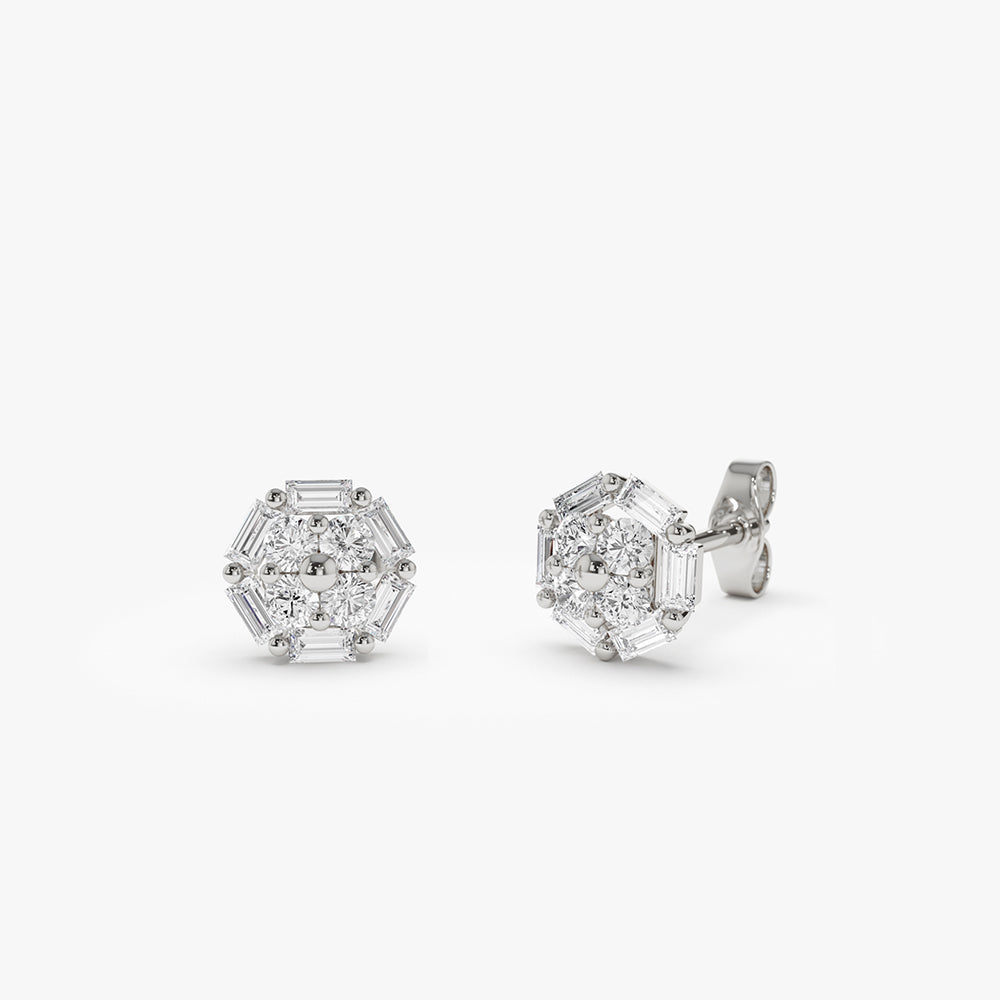 14k Gold Baguette and Round Diamond Cluster Studs - Geum Jewels