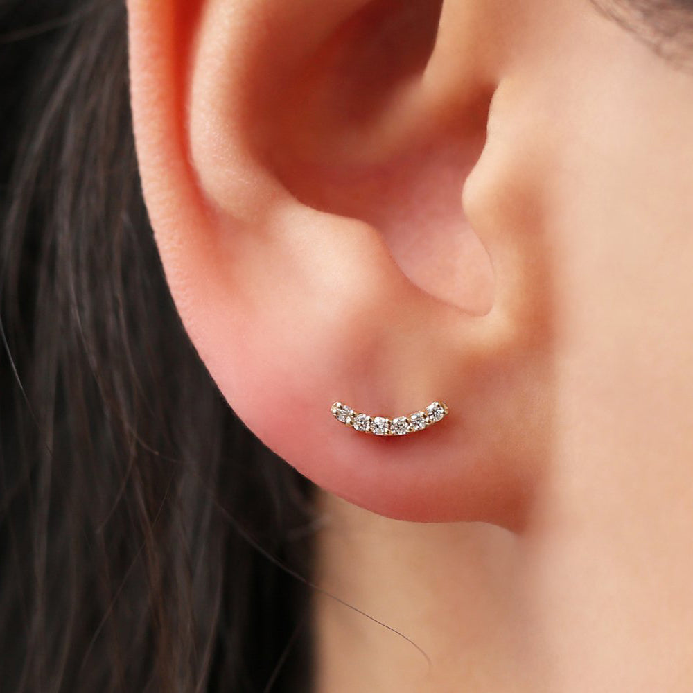 14K Gold Diamond Curved Bar Stud Earrings - Geum Jewels