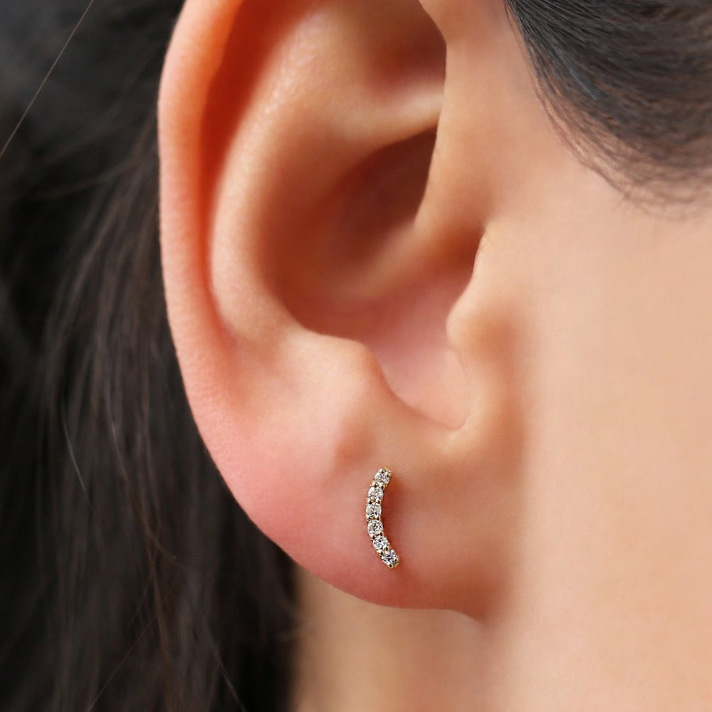 14K Gold Diamond Curved Bar Stud Earrings - Geum Jewels