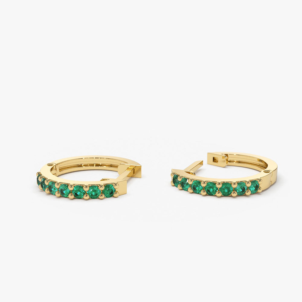 14K Gold Emerald Huggie Hoop Earrings - Geum Jewels