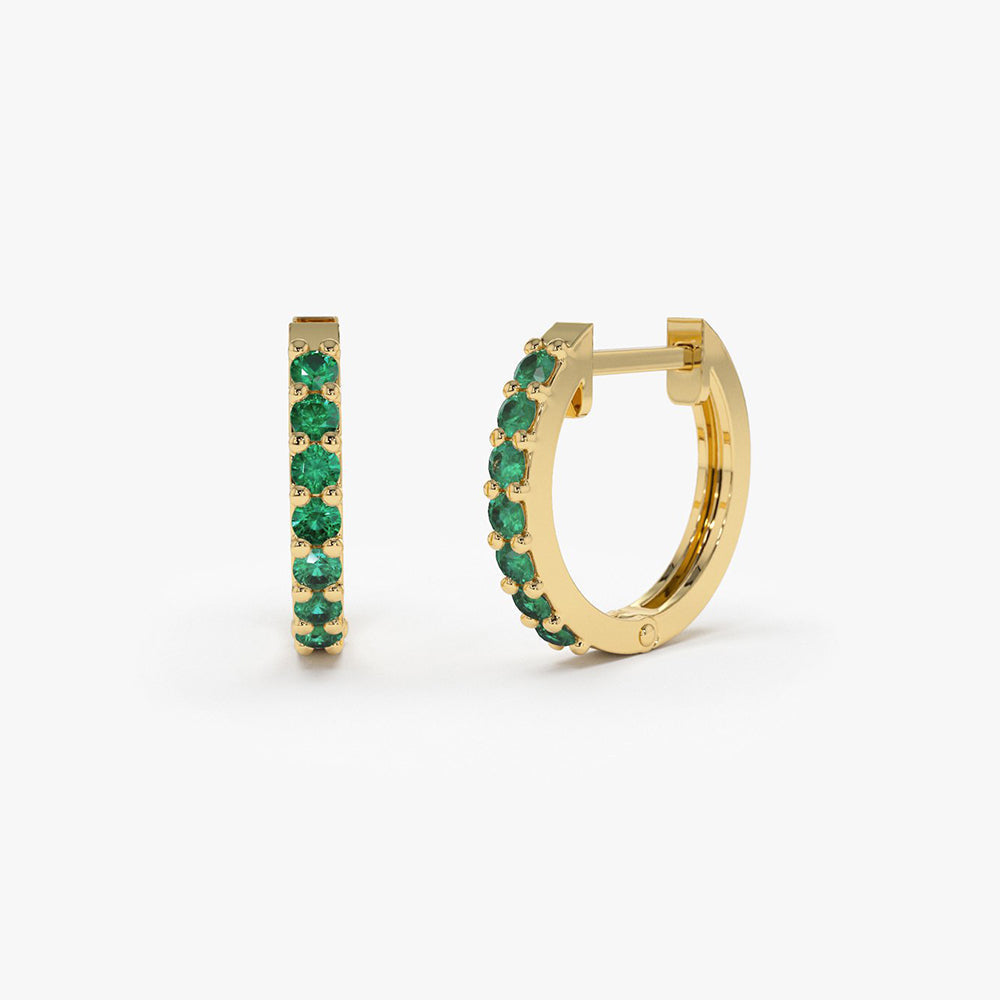 14K Gold Emerald Huggie Hoop Earrings - Geum Jewels