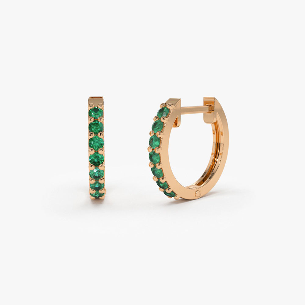 14K Gold Emerald Huggie Hoop Earrings - Geum Jewels