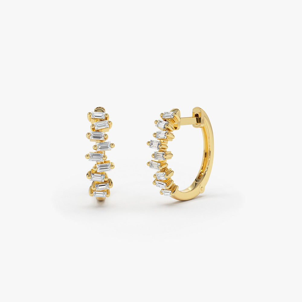 14K Gold Horizontal Set Mini Baguette Diamond Huggie - Geum Jewels