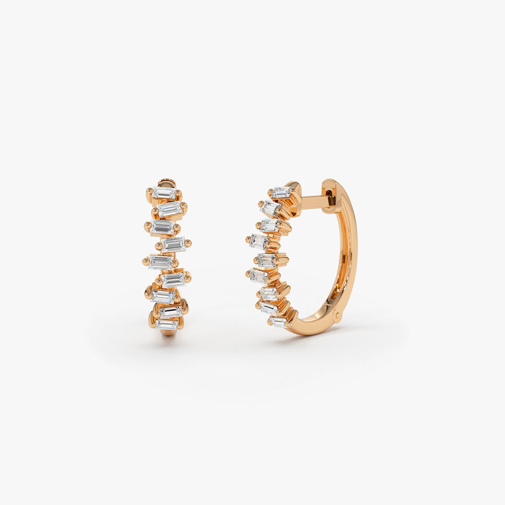 14K Gold Horizontal Set Mini Baguette Diamond Huggie - Geum Jewels