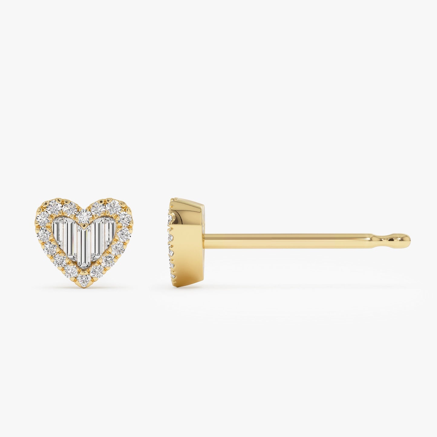 14K Gold Mini Baguette Diamond Heart Studs - Geum Jewels