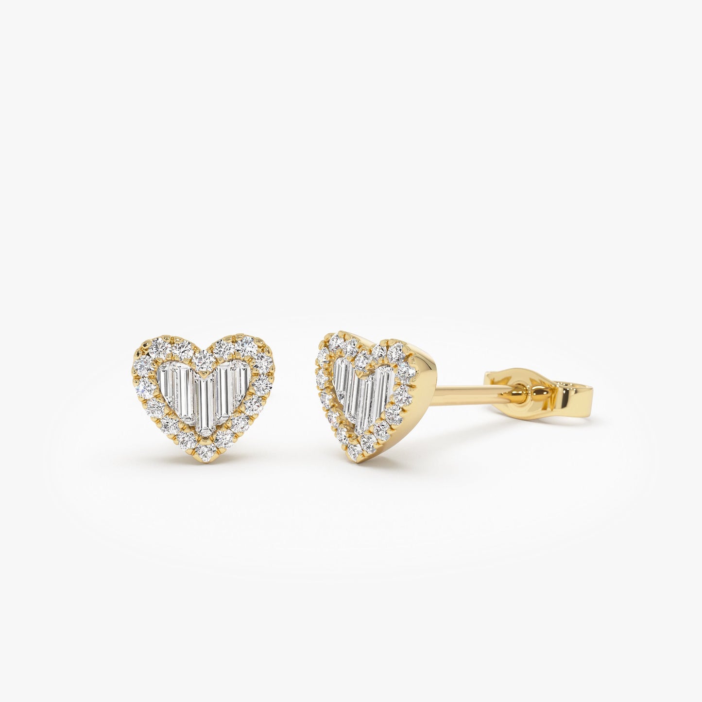 14K Gold Mini Baguette Diamond Heart Studs - Geum Jewels