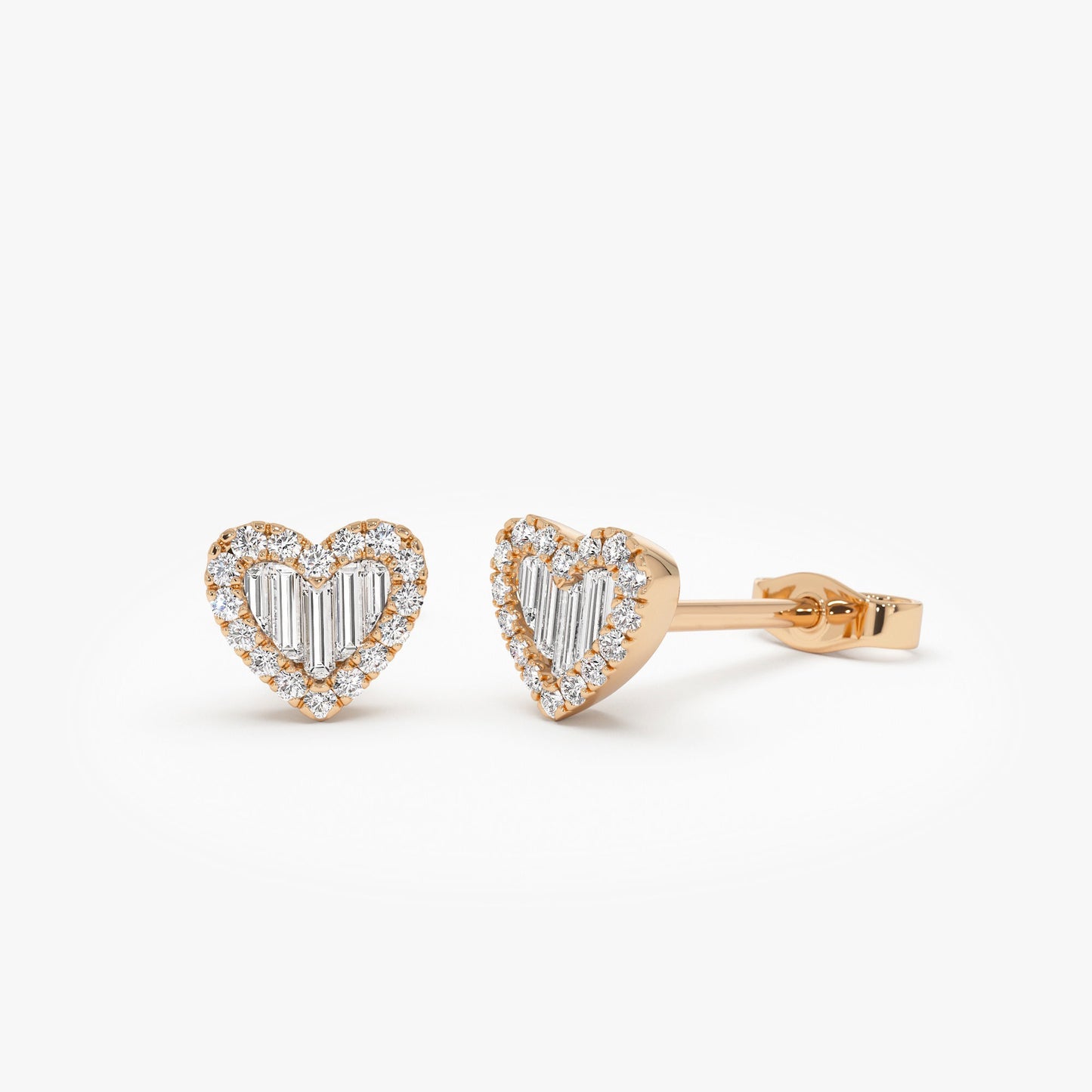 14K Gold Mini Baguette Diamond Heart Studs - Geum Jewels