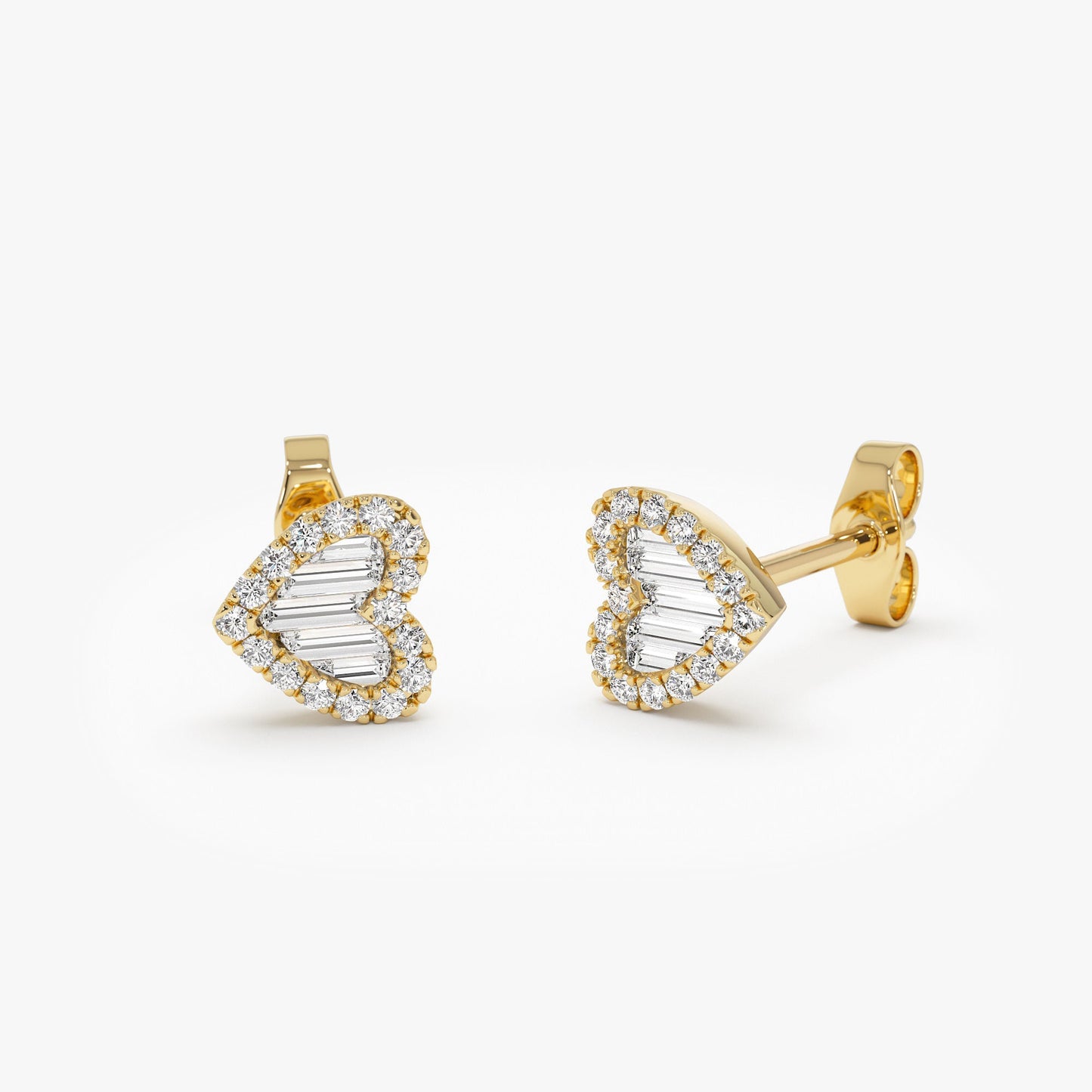 14K Gold Mini Baguette Diamond Heart Studs - Geum Jewels