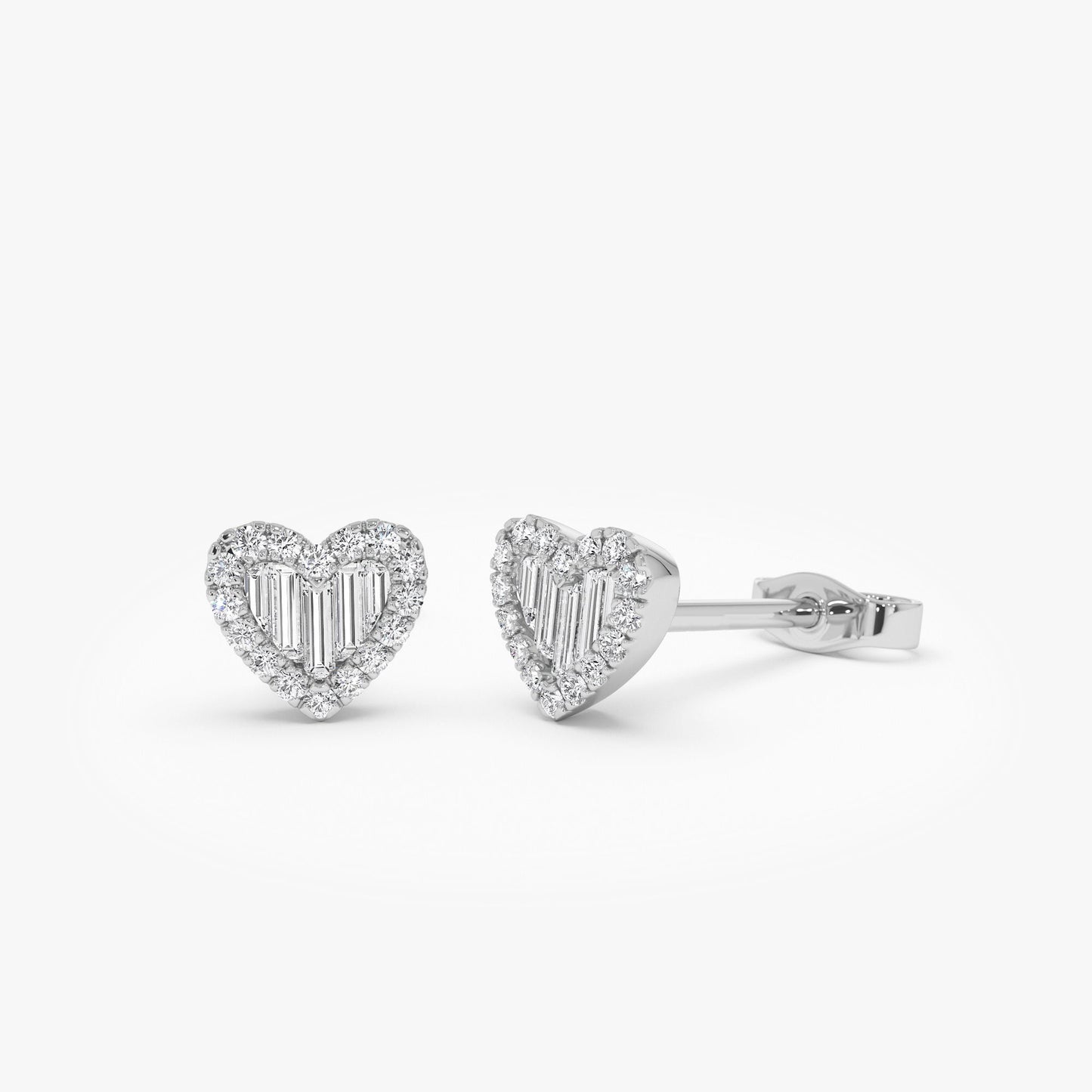 14K Gold Mini Baguette Diamond Heart Studs - Geum Jewels