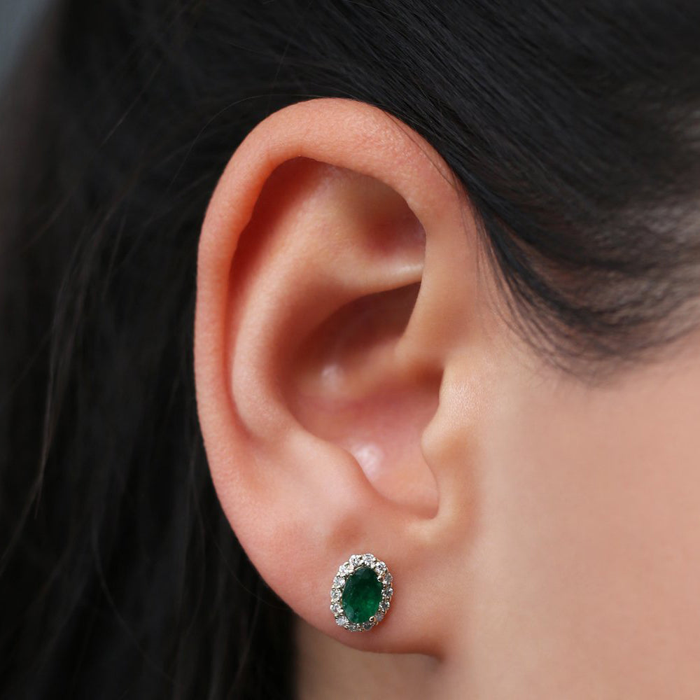 14k Gold Oval Cut Emerald Diamond Earrings - Geum Jewels