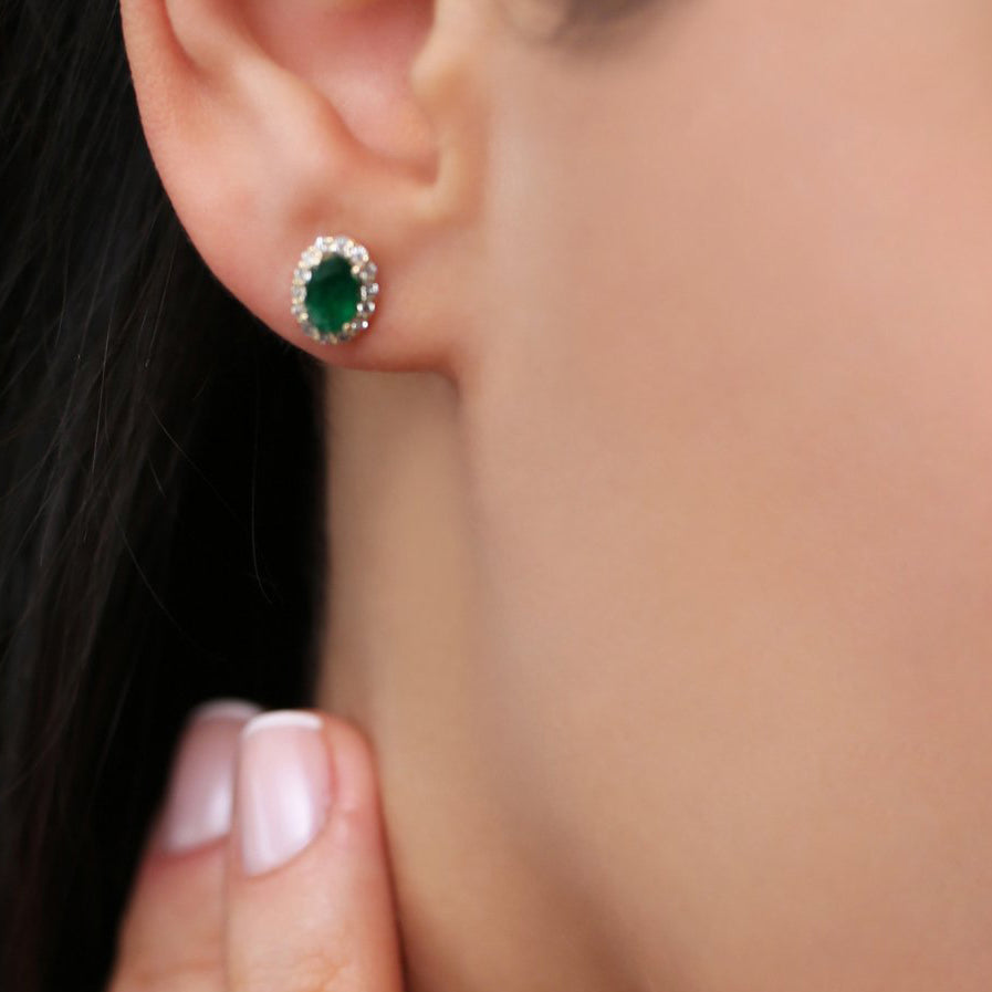 14k Gold Oval Cut Emerald Diamond Earrings - Geum Jewels