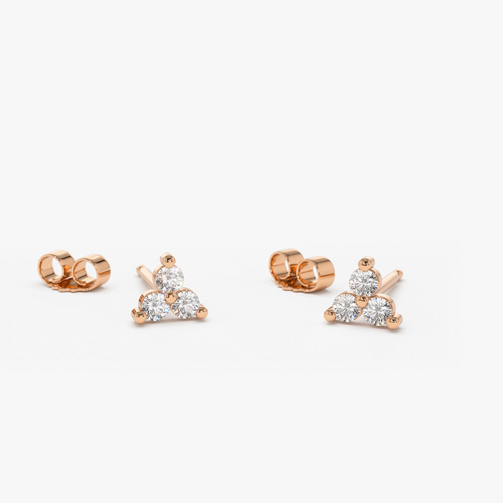 14K Gold Prong Setting Diamond Trio Tiny Stud Earrings - Geum Jewels