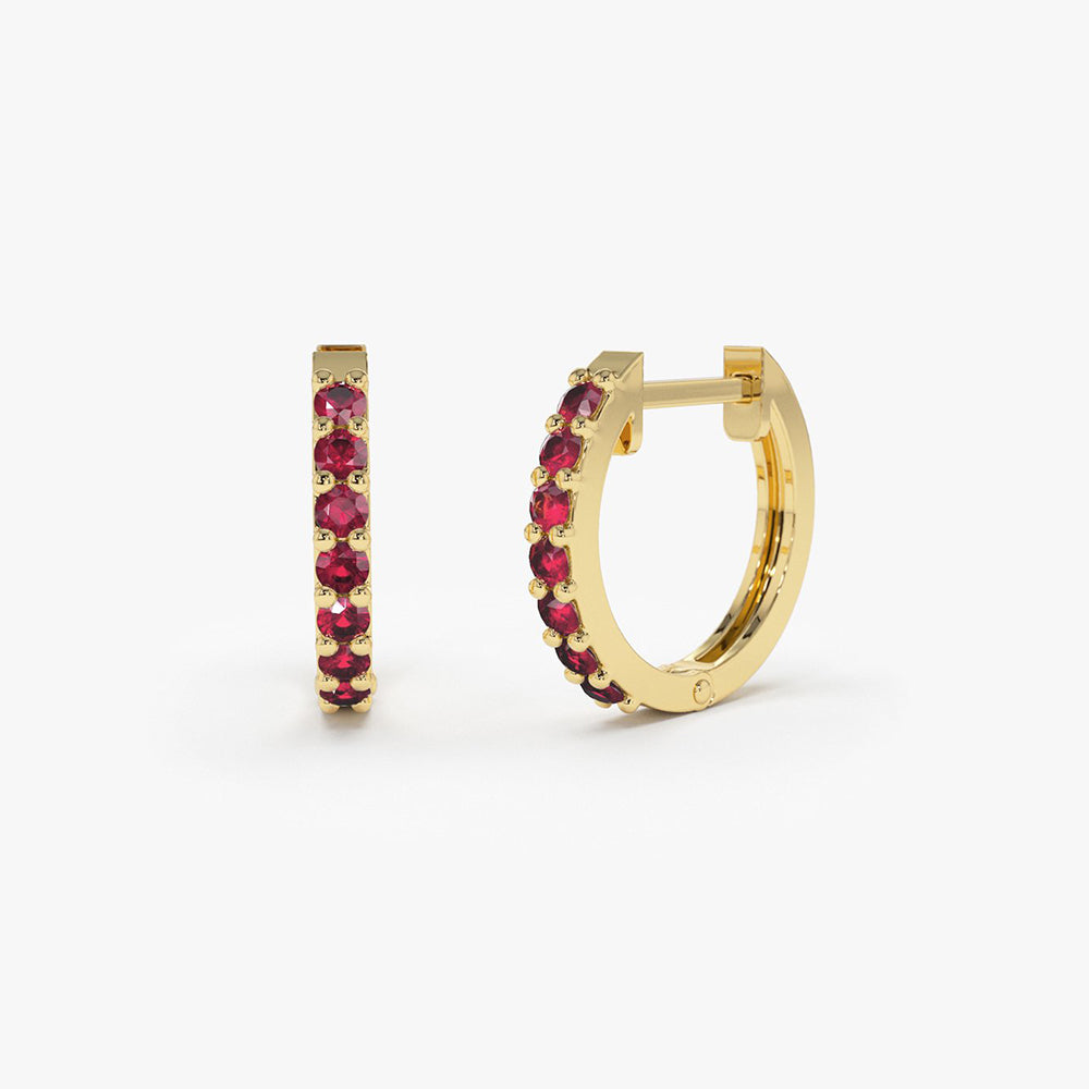 14K Gold Ruby Huggie Hoop Earrings - Geum Jewels