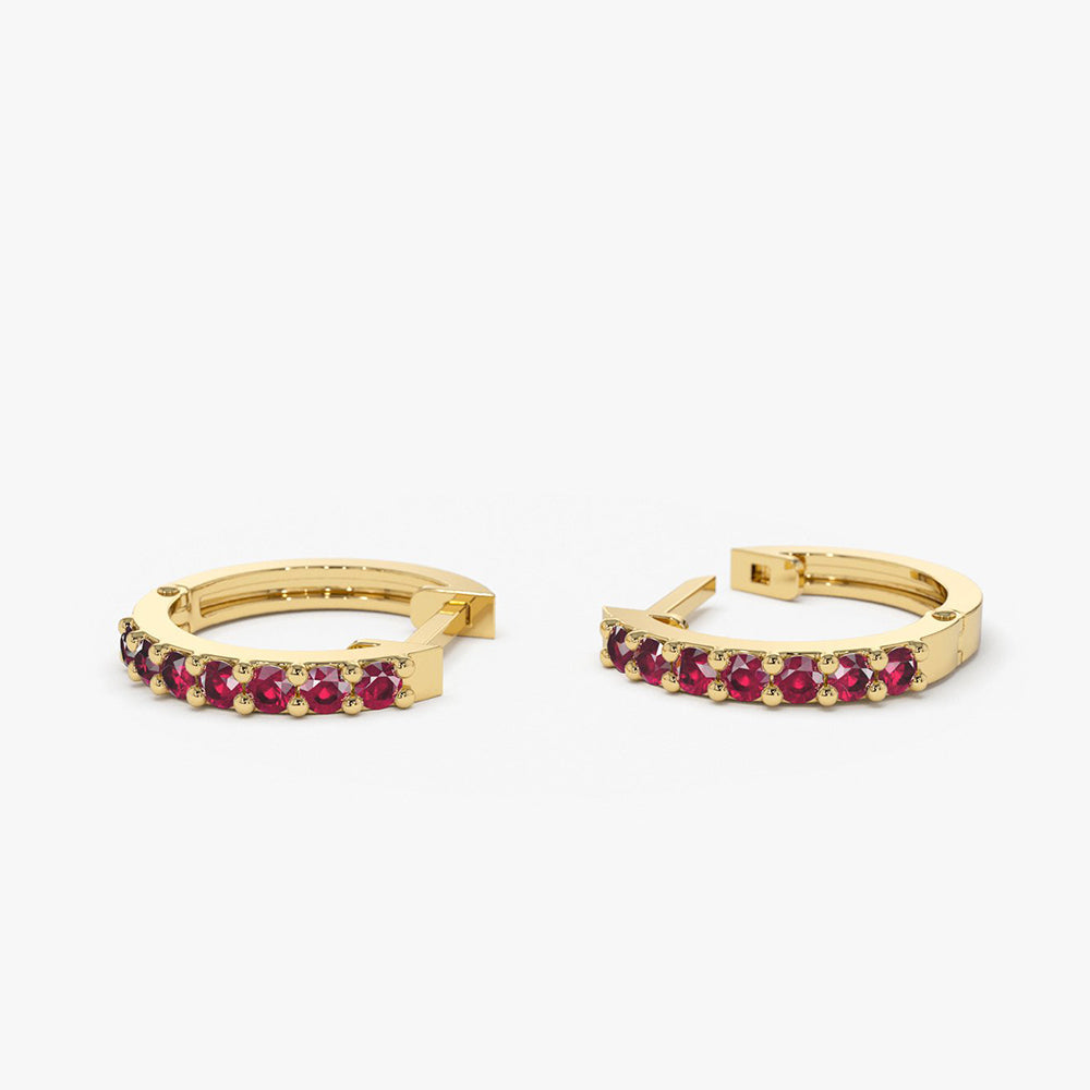14K Gold Ruby Huggie Hoop Earrings - Geum Jewels