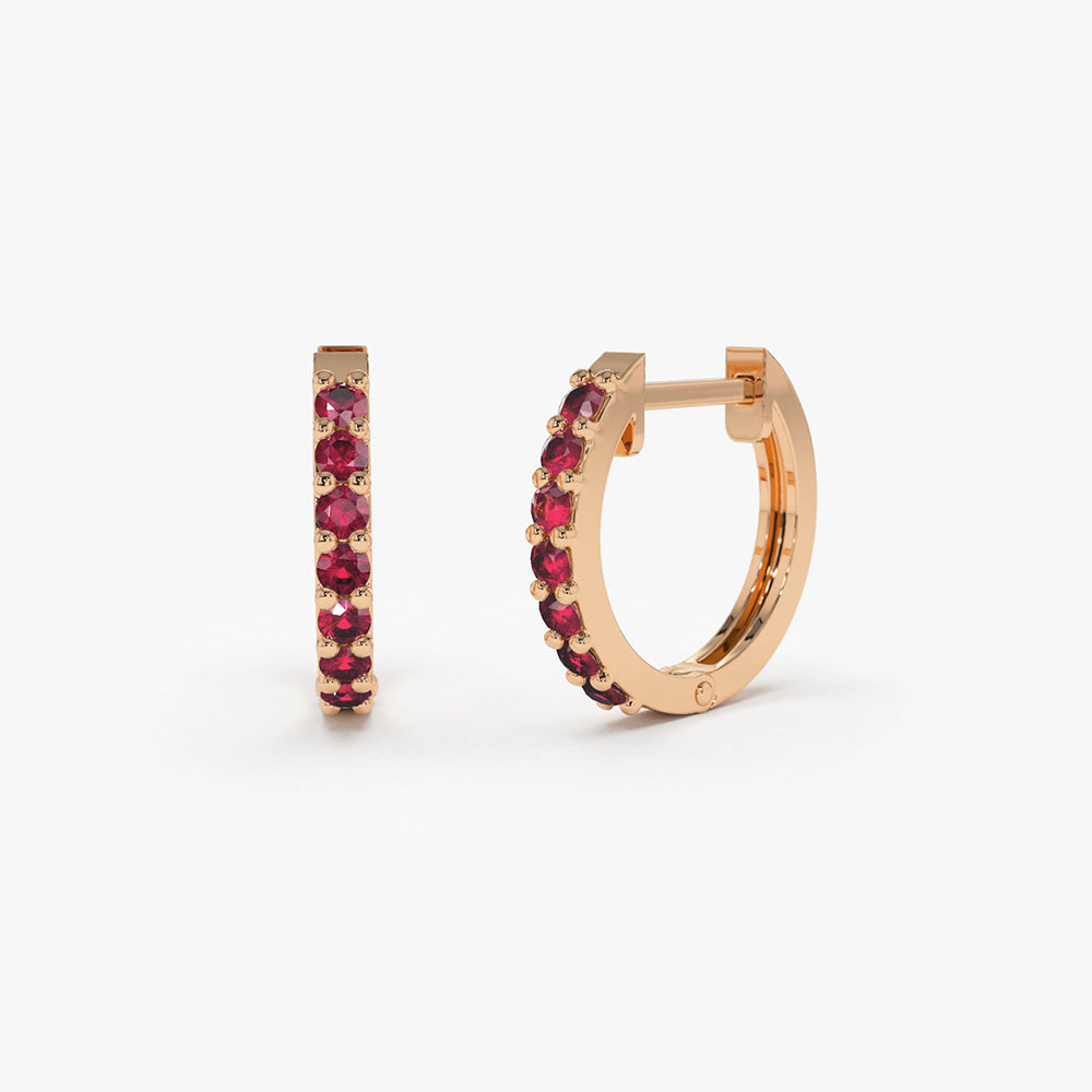 14K Gold Ruby Huggie Hoop Earrings - Geum Jewels