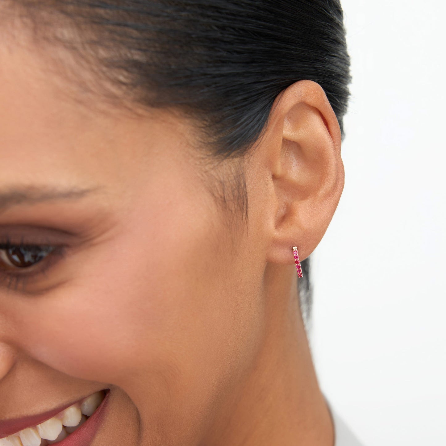 14K Gold Ruby Huggie Hoop Earrings - Geum Jewels