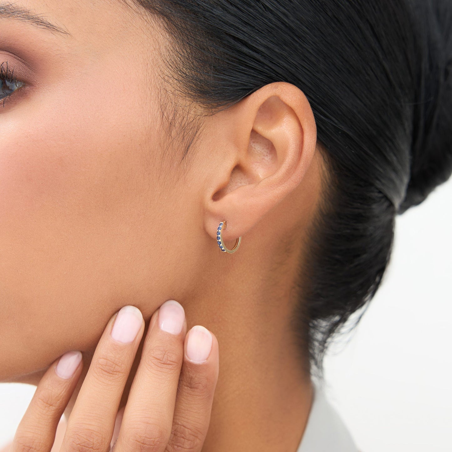 14K Gold Sapphire Huggie Hoop Earrings - Geum Jewels