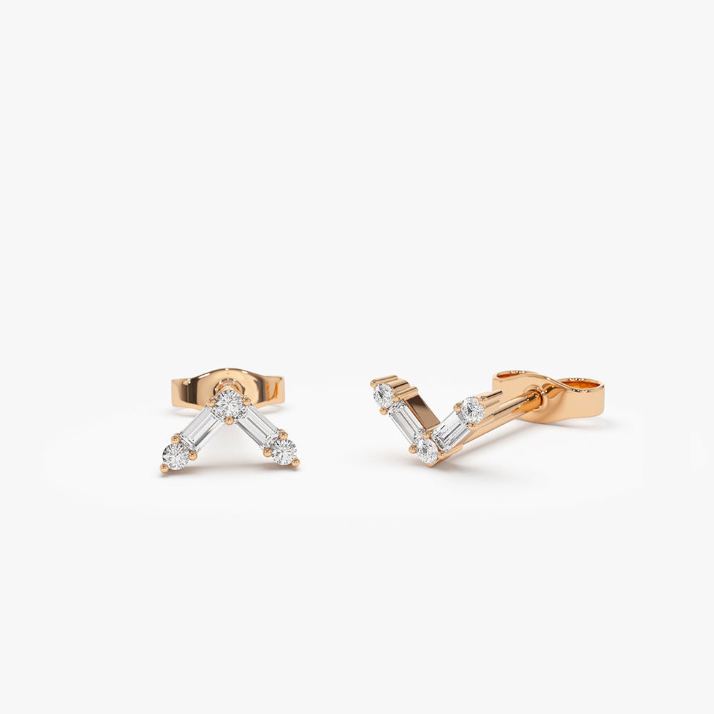 14k Minimal Baguette and Round Diamond Earrings - Geum Jewels