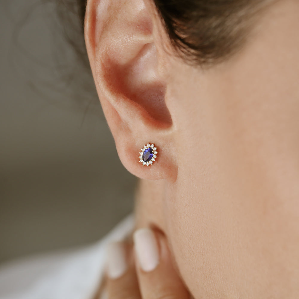 14k Oval Cut Blue Sapphire Earrings with Diamonds - Geum Jewels