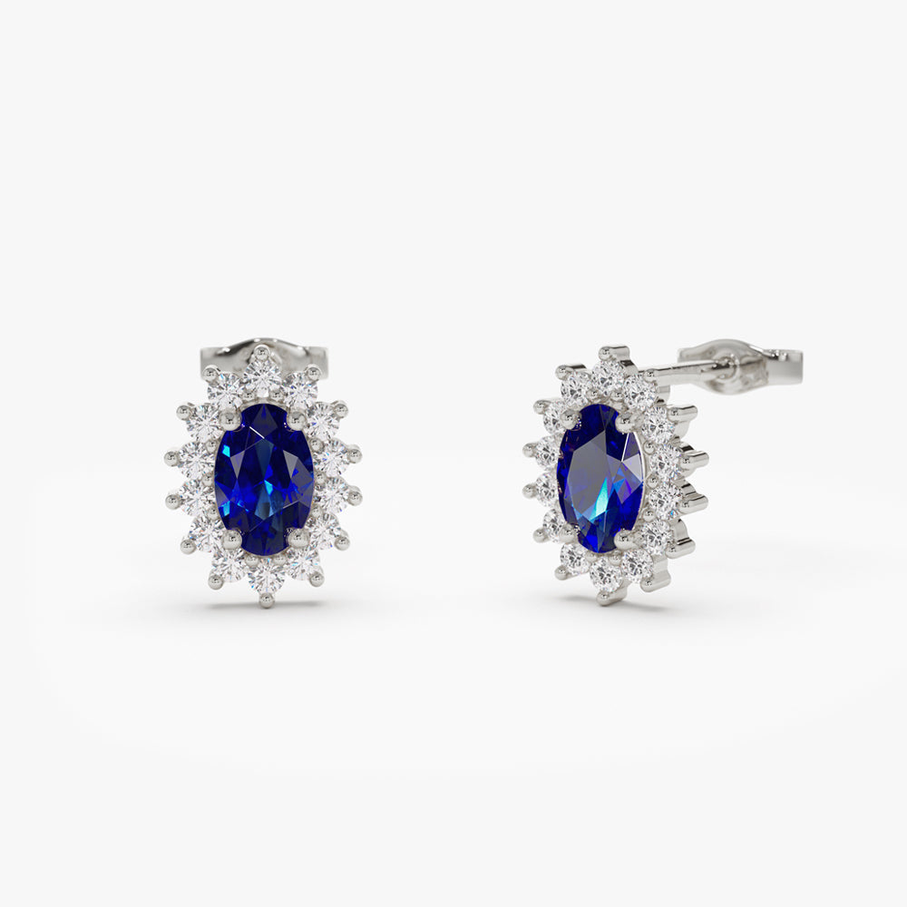 14k Oval Cut Blue Sapphire Earrings with Diamonds - Geum Jewels