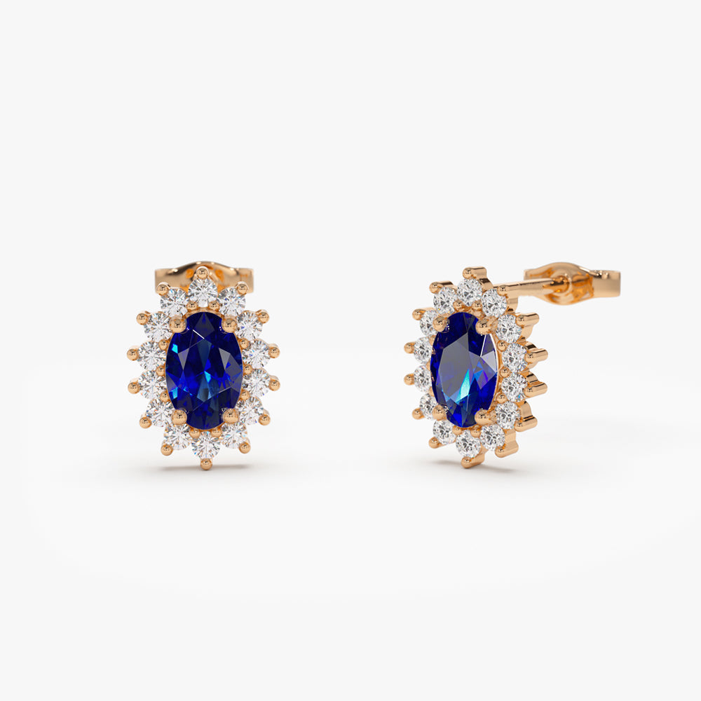 14k Oval Cut Blue Sapphire Earrings with Diamonds - Geum Jewels