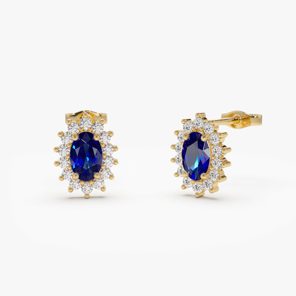 14k Oval Cut Blue Sapphire Earrings with Diamonds - Geum Jewels