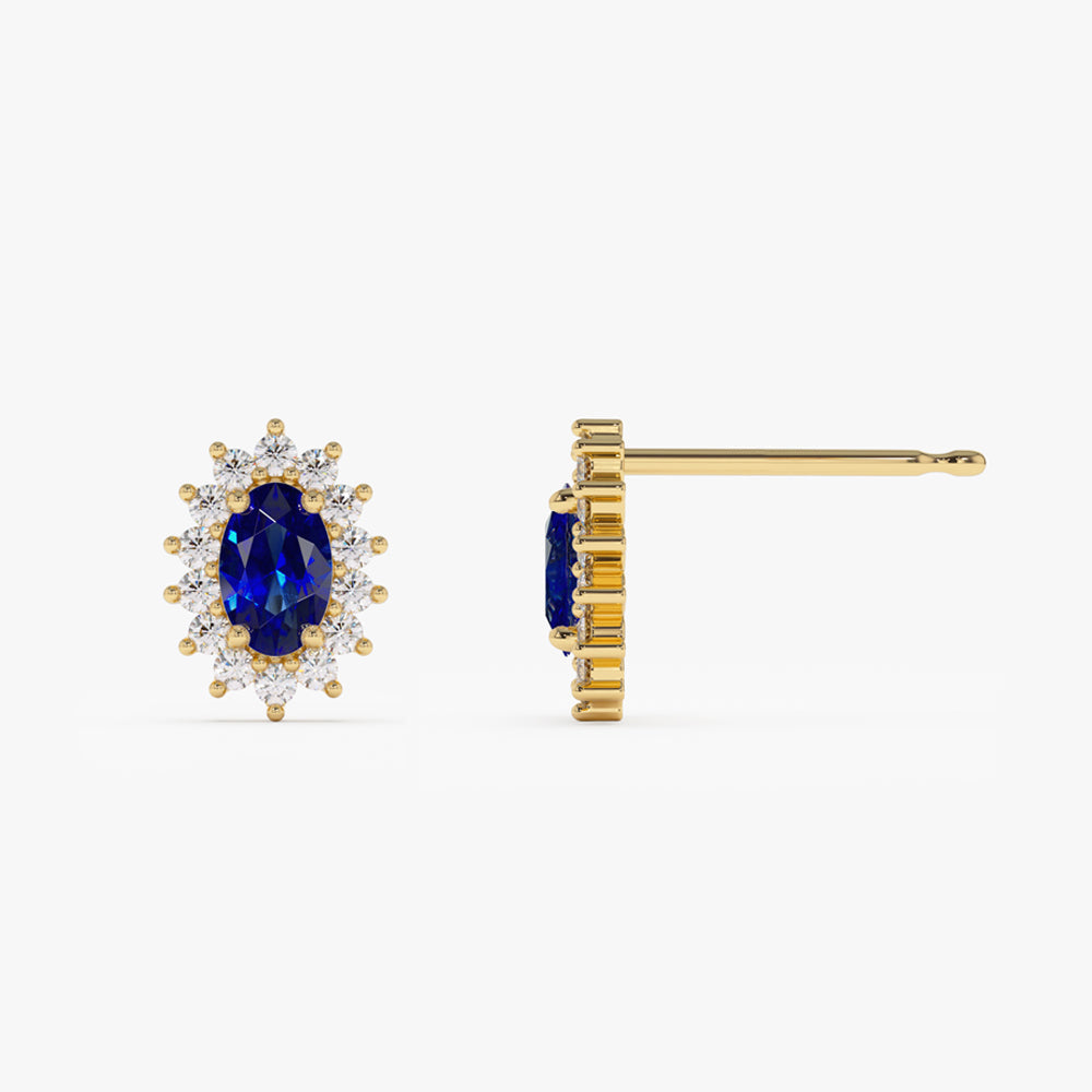 14k Oval Cut Blue Sapphire Earrings with Diamonds - Geum Jewels
