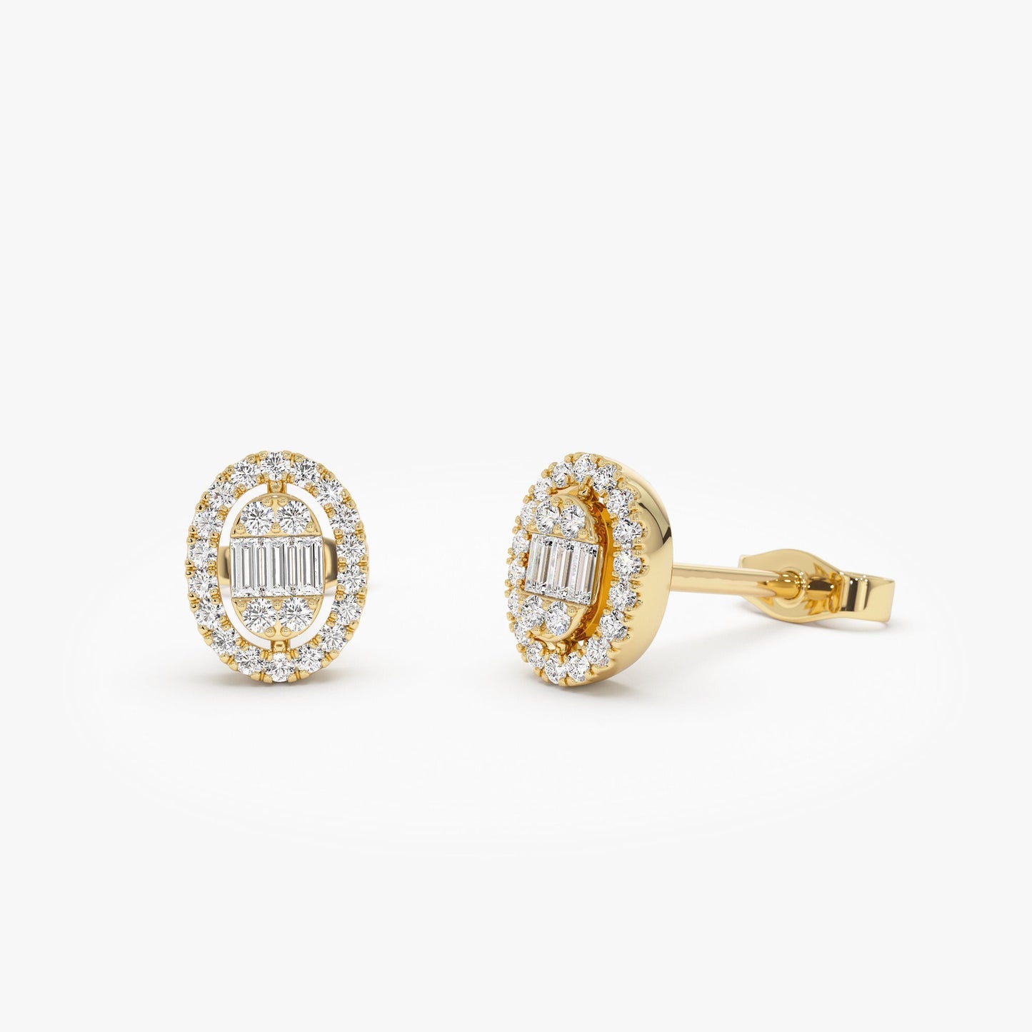 14k Oval Shaped Baguette & Round Diamond Mini Studs - Geum Jewels