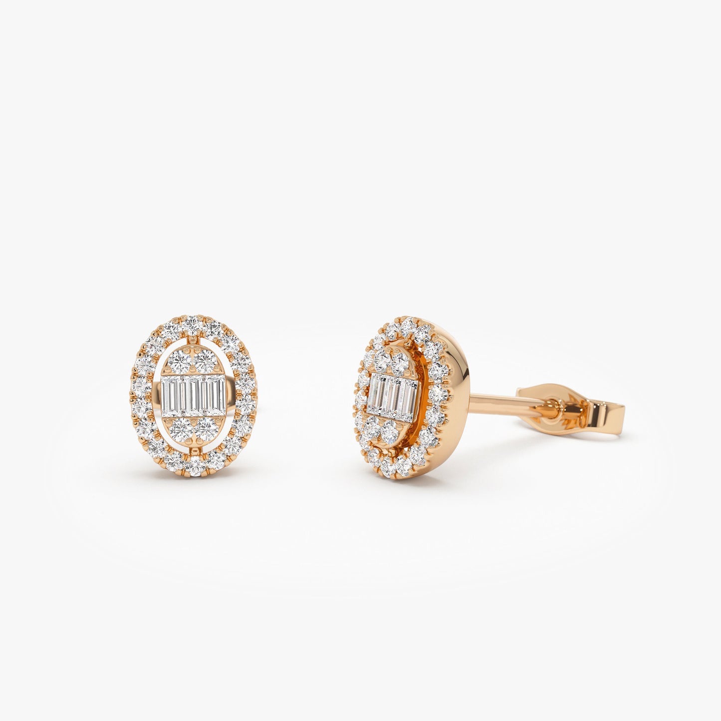 14k Oval Shaped Baguette & Round Diamond Mini Studs - Geum Jewels