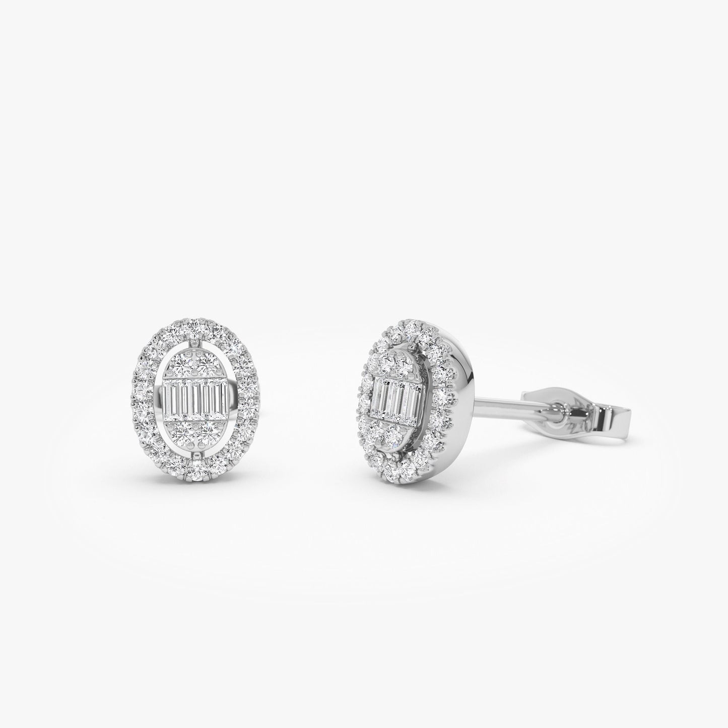 14k Oval Shaped Baguette & Round Diamond Mini Studs - Geum Jewels