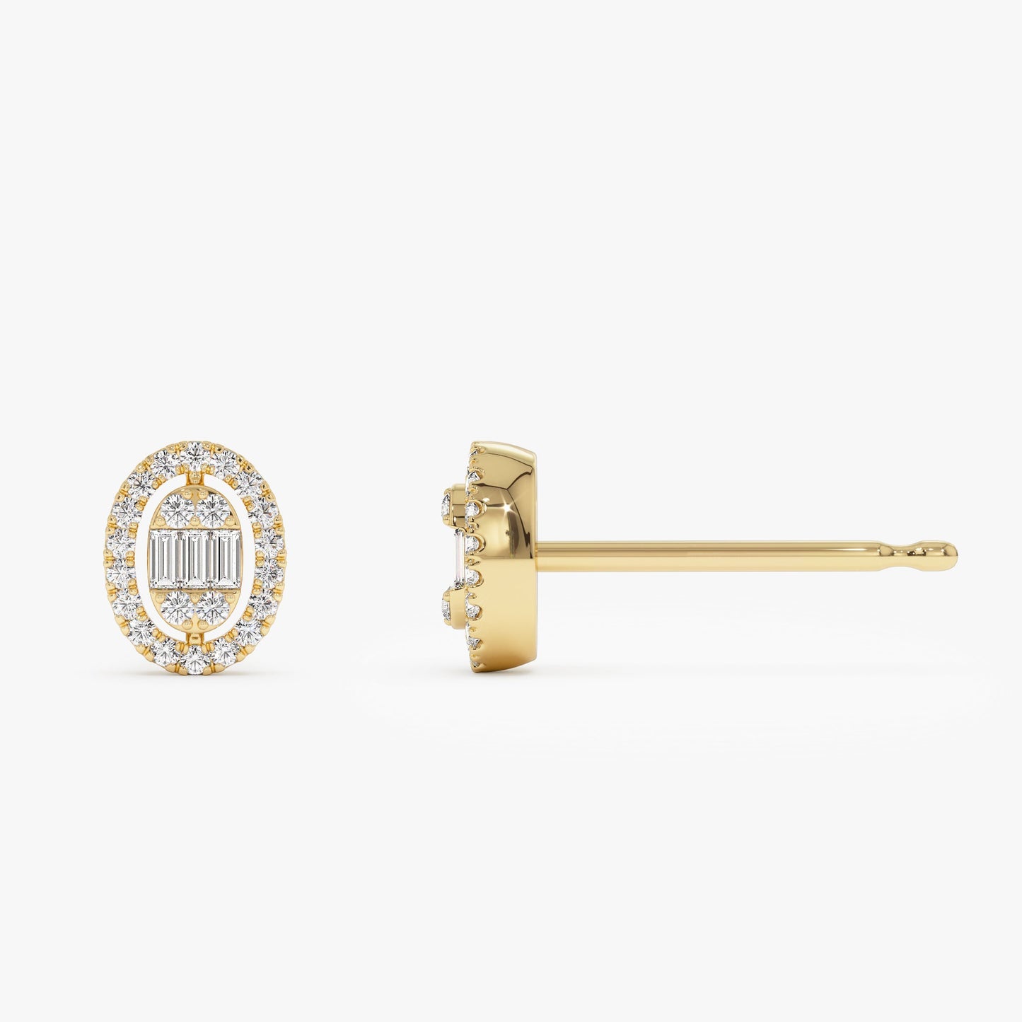 14k Oval Shaped Baguette & Round Diamond Mini Studs - Geum Jewels