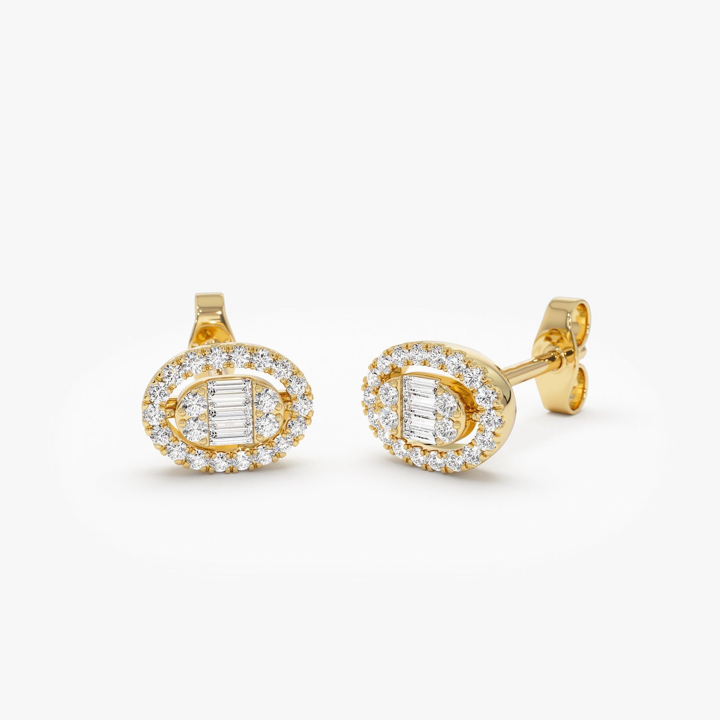 14k Oval Shaped Baguette & Round Diamond Mini Studs - Geum Jewels