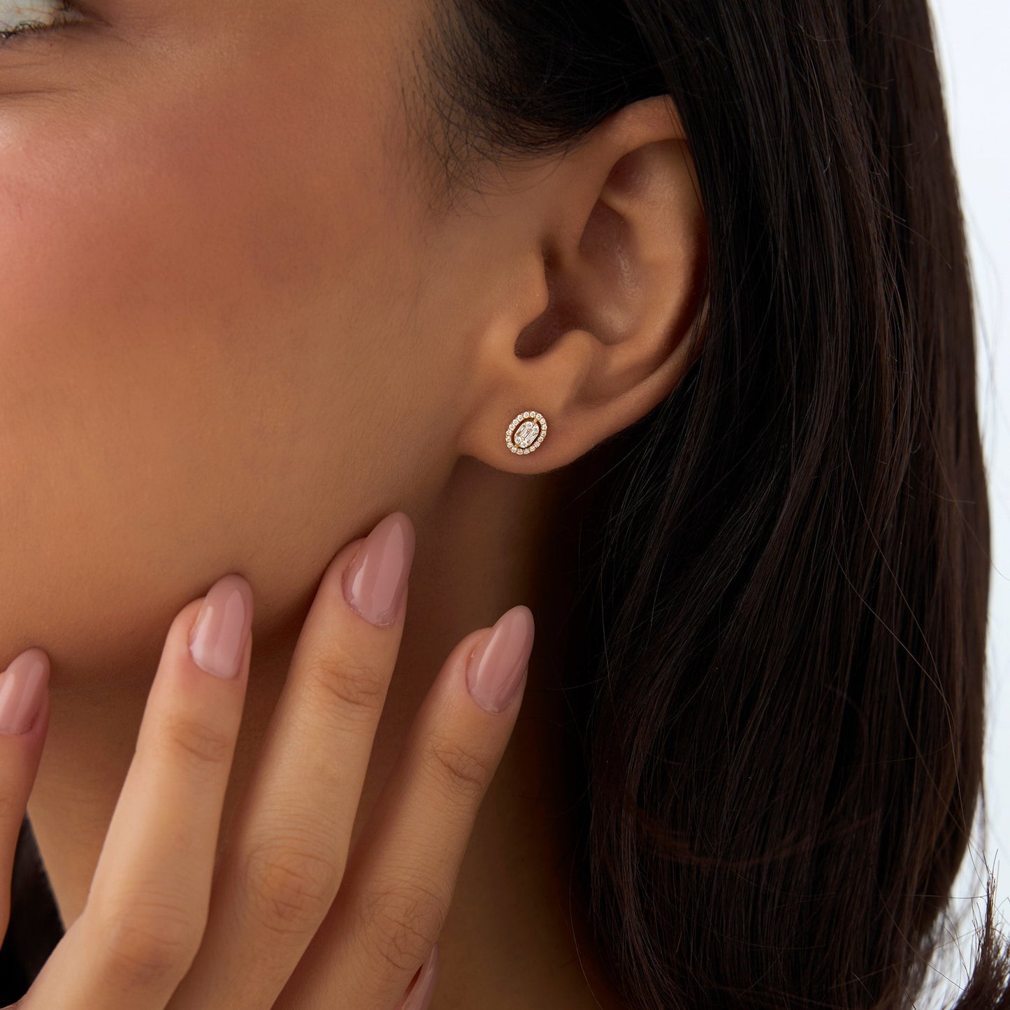 14k Oval Shaped Baguette & Round Diamond Mini Studs - Geum Jewels
