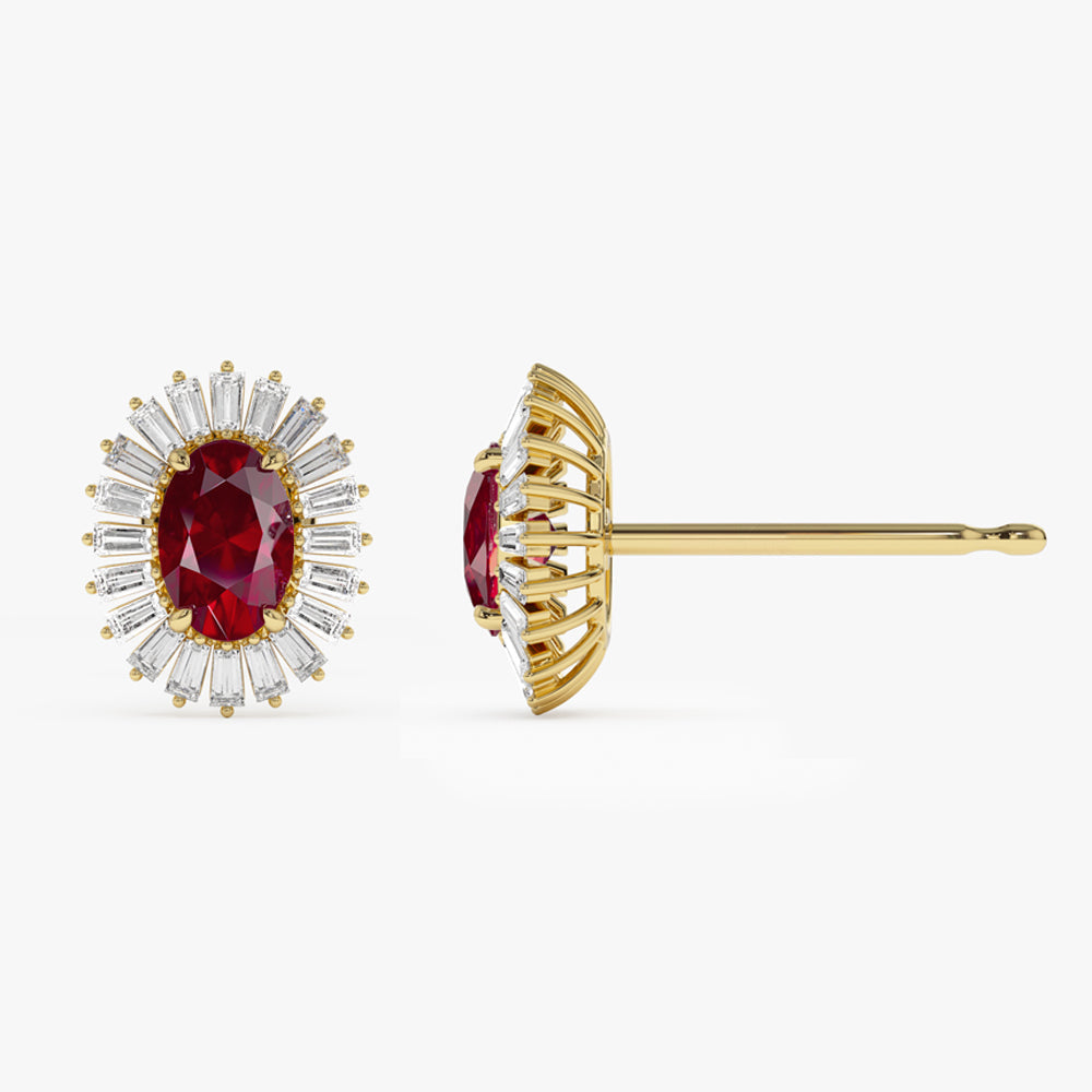14k Ruby and Baguette Diamond Ballerina Stud Earrings - Geum Jewels